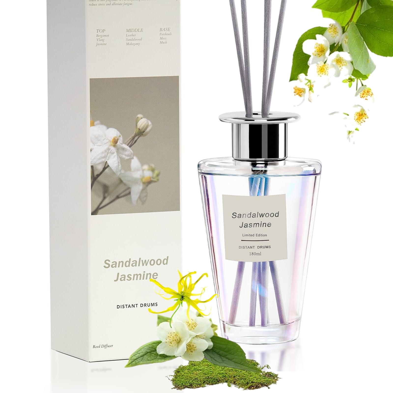 Premium Jasmine Sandalwood Reed Diffuser Set - 180ml Natural Essential Oil Aromatherapy for Home & Bathroom | Long-Lasting Fragrance for Relaxation, Spa & Meditation Spaces