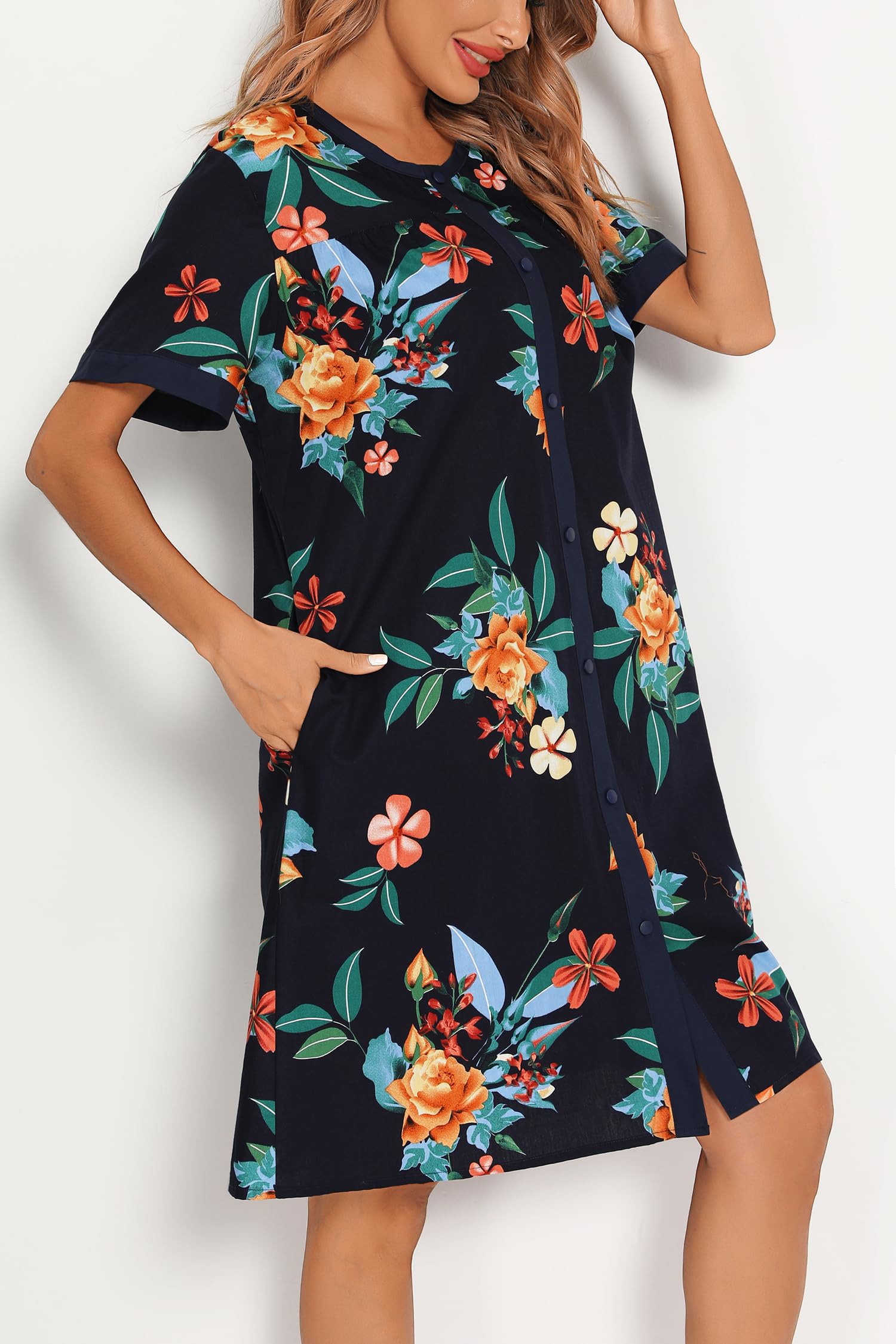 YOZLY Women's Short Sleeve House Dress - Casual Home Robe with Pockets | Comfortable Moomoo Nightgown & Duster for Lounging, Morning Coffee, and Relaxing at Home