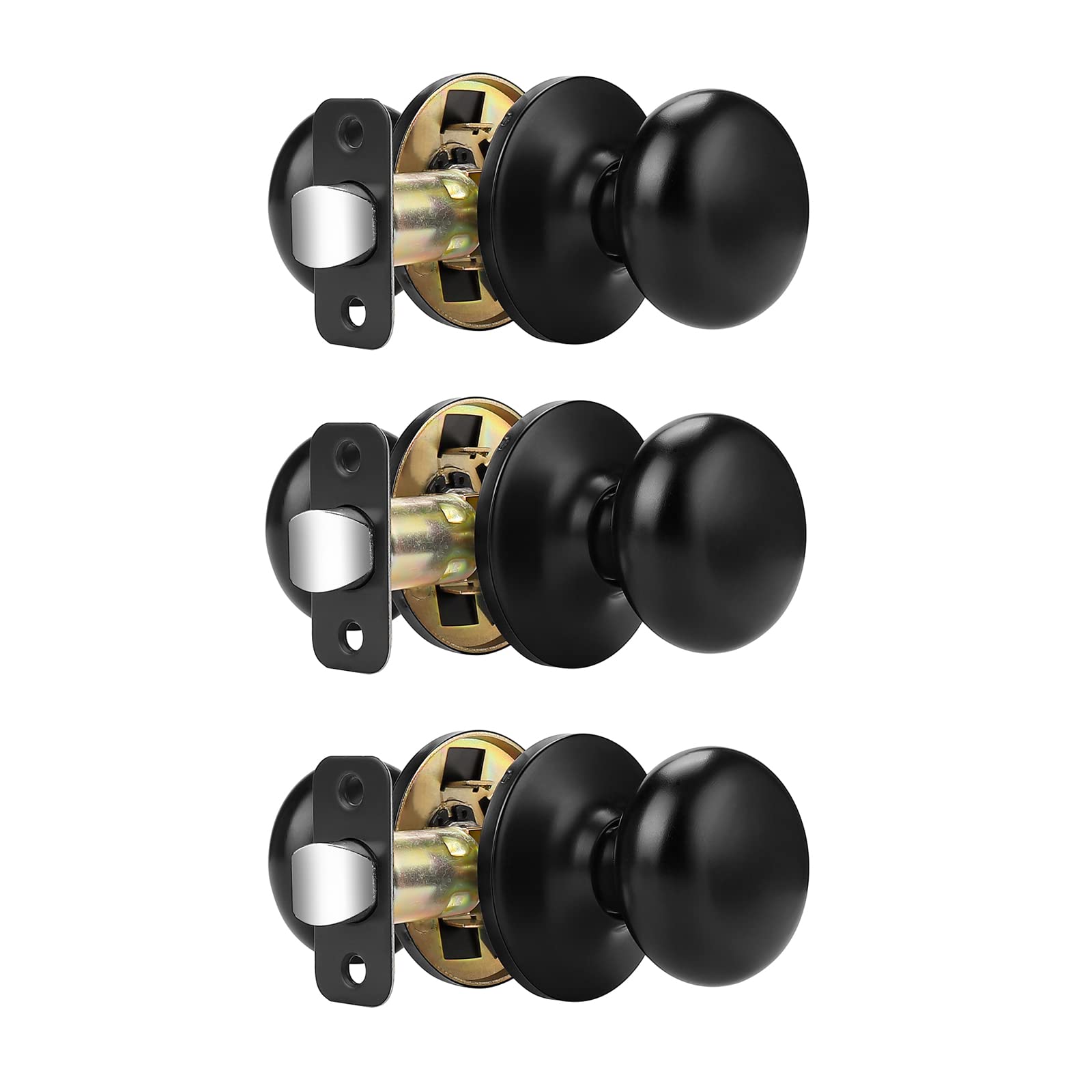 Probrico 3 Pack Black Door Knobs - Keyless Passage Door Handles with Flat Ball Design for Closet & Hallway - Solid Latch, Universal Lever - Perfect for Bedroom, Bathroom & Interior Doors