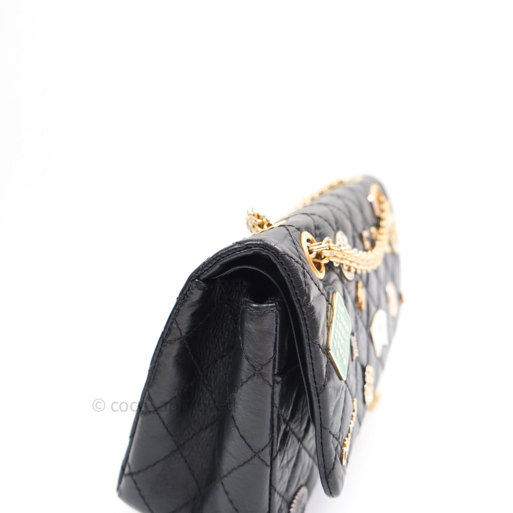 Authentic Chanel 2.55 Reissue 225 Flap Bag - Black Aged Calfskin Leather with Lucky Charms - Perfect for Luxury Fashion, Evening Events & Collector's Items