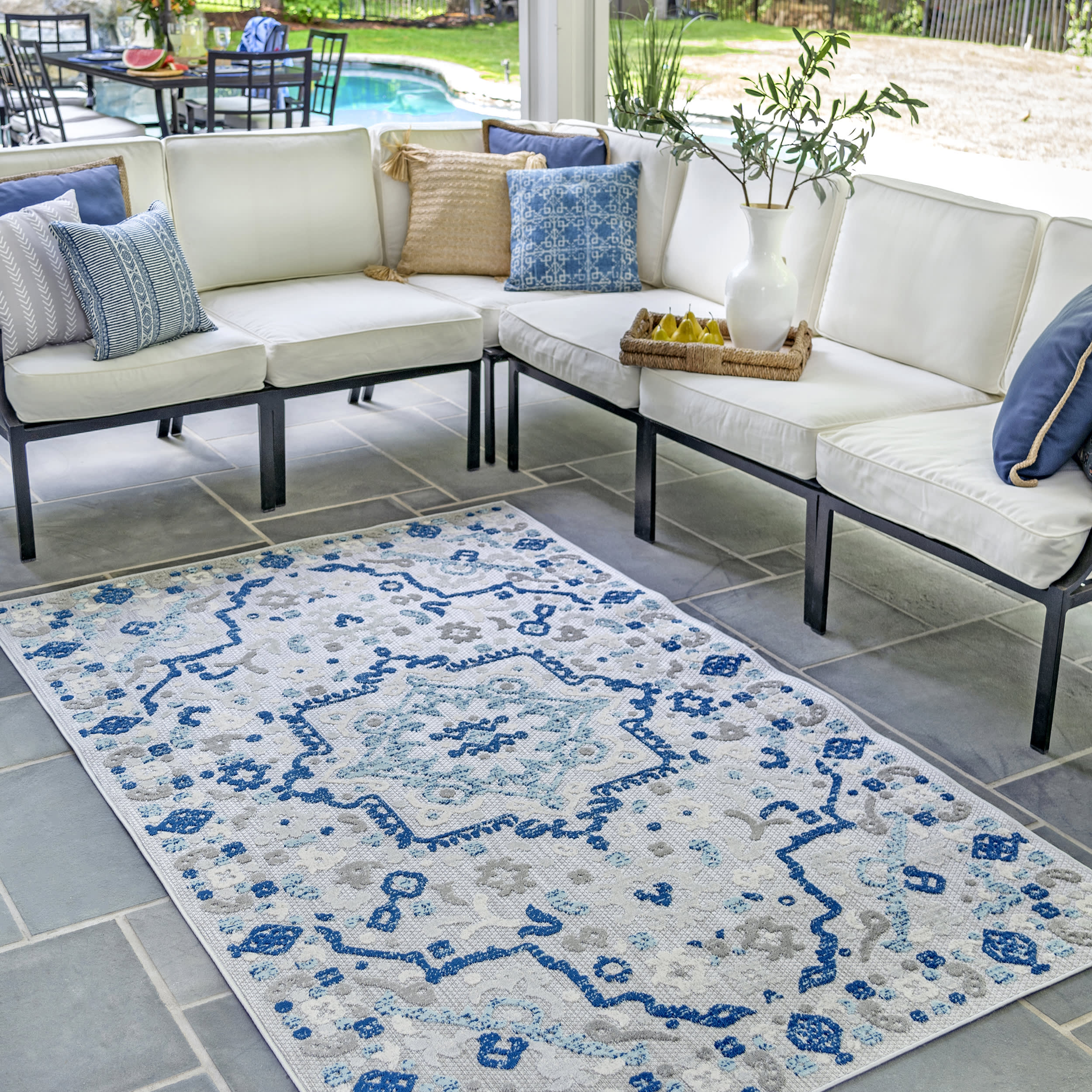 Castle Medallion Indoor/Outdoor Rug - Blue Persian Style Area Carpet for Living Room, Bedroom & Patio | Waterproof & Durable Floor Mat for Home Decor