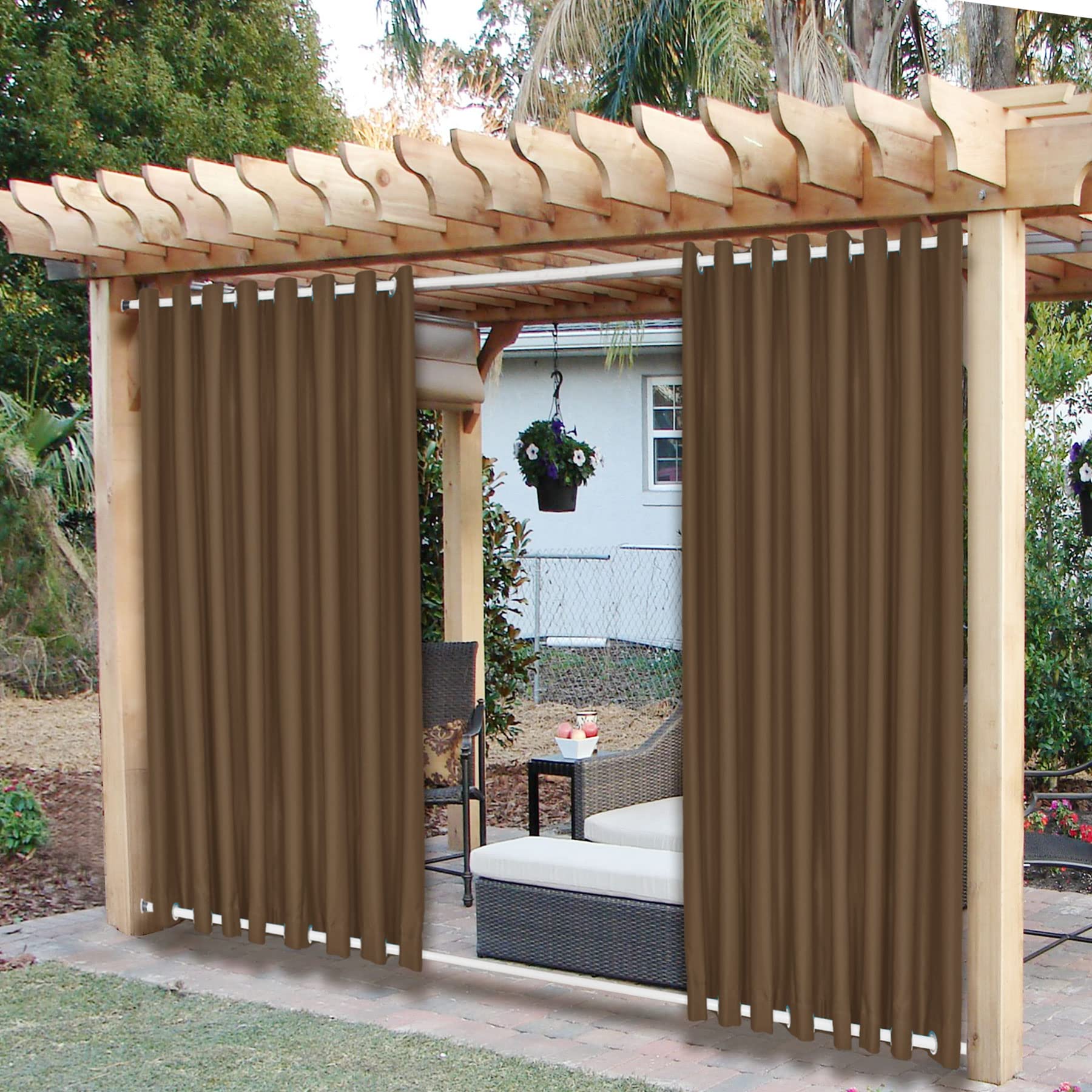 Frelement Outdoor Curtains - Windproof Thermal Insulated Blackout Drapes with Rustproof Grommets (Top & Bottom) for Porch, Patio, Deck - Chocolate Brown 100