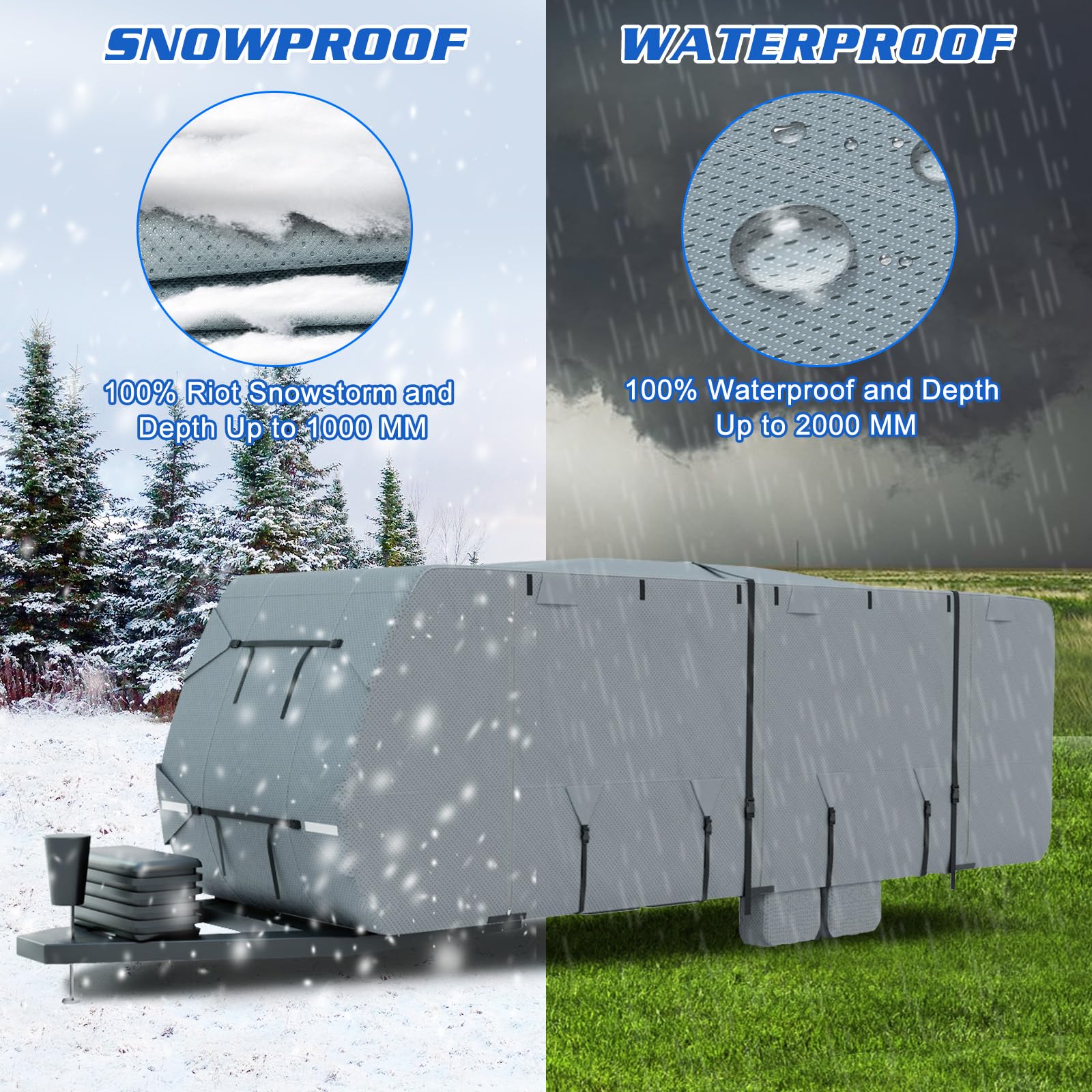 14'-16' Heavy Duty RV Cover - 7+3 Layer Windproof, Waterproof, UV-Resistant Camper Trailer Cover for Winter Snow Protection - Includes Adhesive Repair Patches, 2 Extra Straps & 4 Tire Covers - Ideal for Outdoor Storage, Camping & Extreme Weather Protection