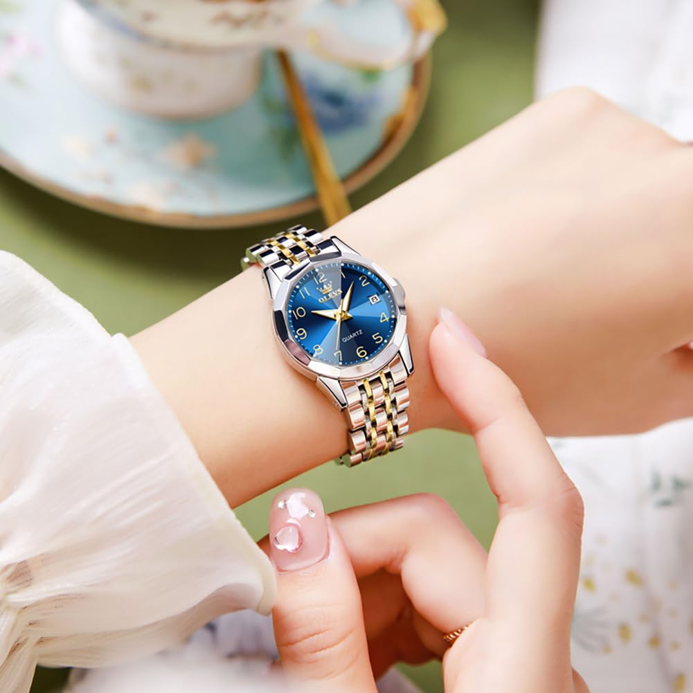 OLEVS Women's Classic Dress Watch - Analog Quartz Stainless Steel Waterproof Wristwatch with Luminous Hands, Day/Date Display, Two-Tone Design | Perfect for Office, Formal Events & Everyday Wear