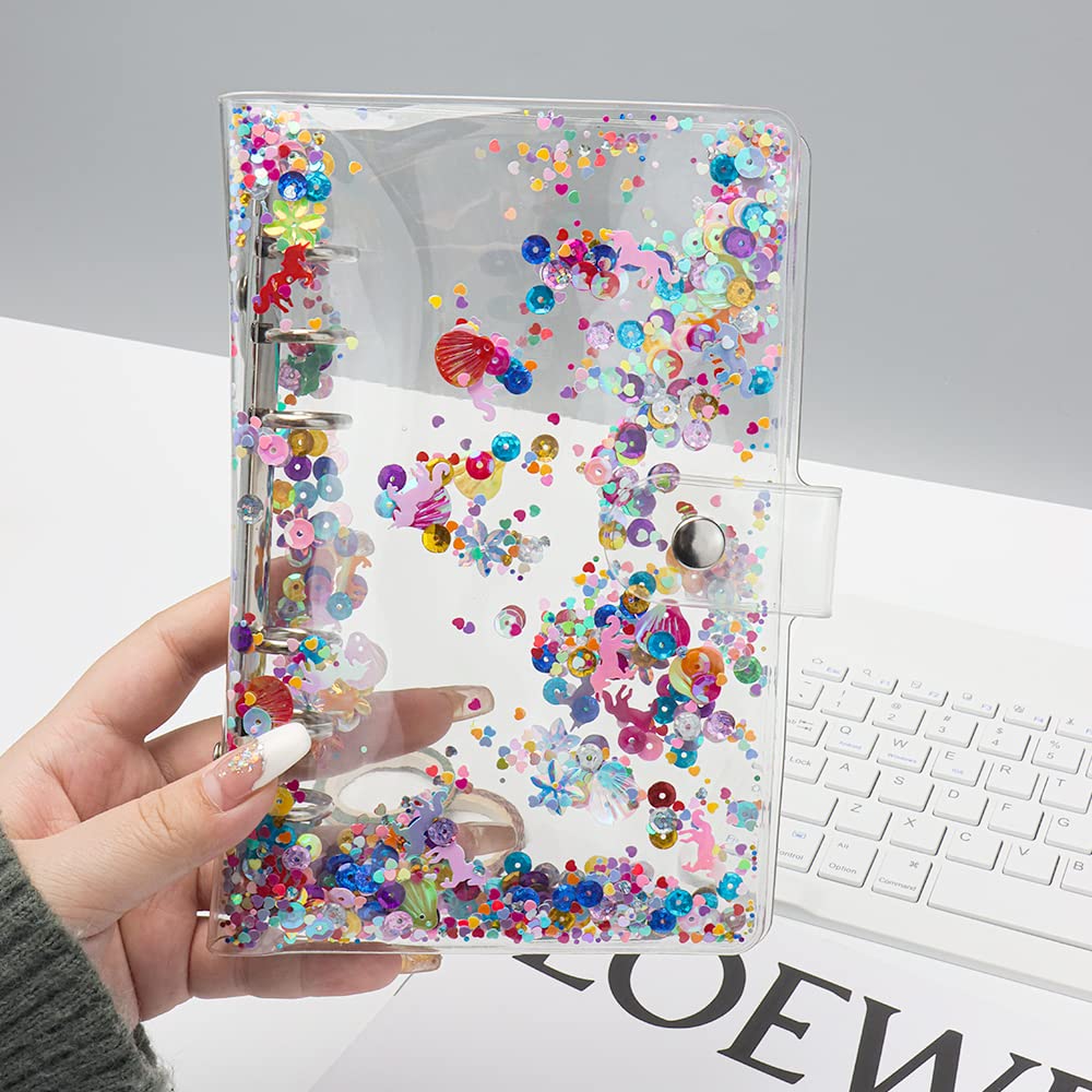 Glitter Quicksand Soft PVC A6 Binder Cover - 6 Ring Planner Protector with Snap Button Closure for Loose Leaf, School, Office & Travel Organization (Pink/Blue) | Perfect for Notebooks, Journals & Document Storage