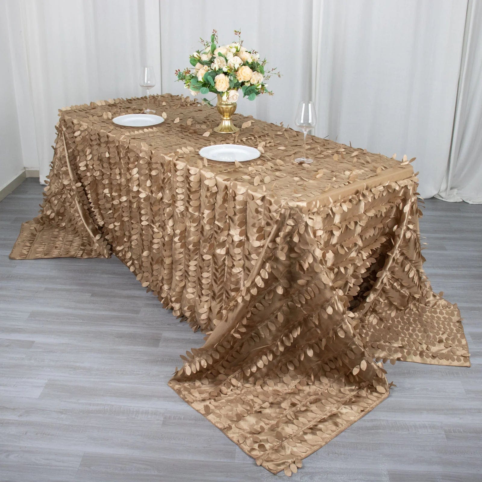 90x132 Inch Taffeta Rectangular Tablecloth with Elegant Leaf Petals Design - Perfect for Wedding, Party, and Home Dining Decor