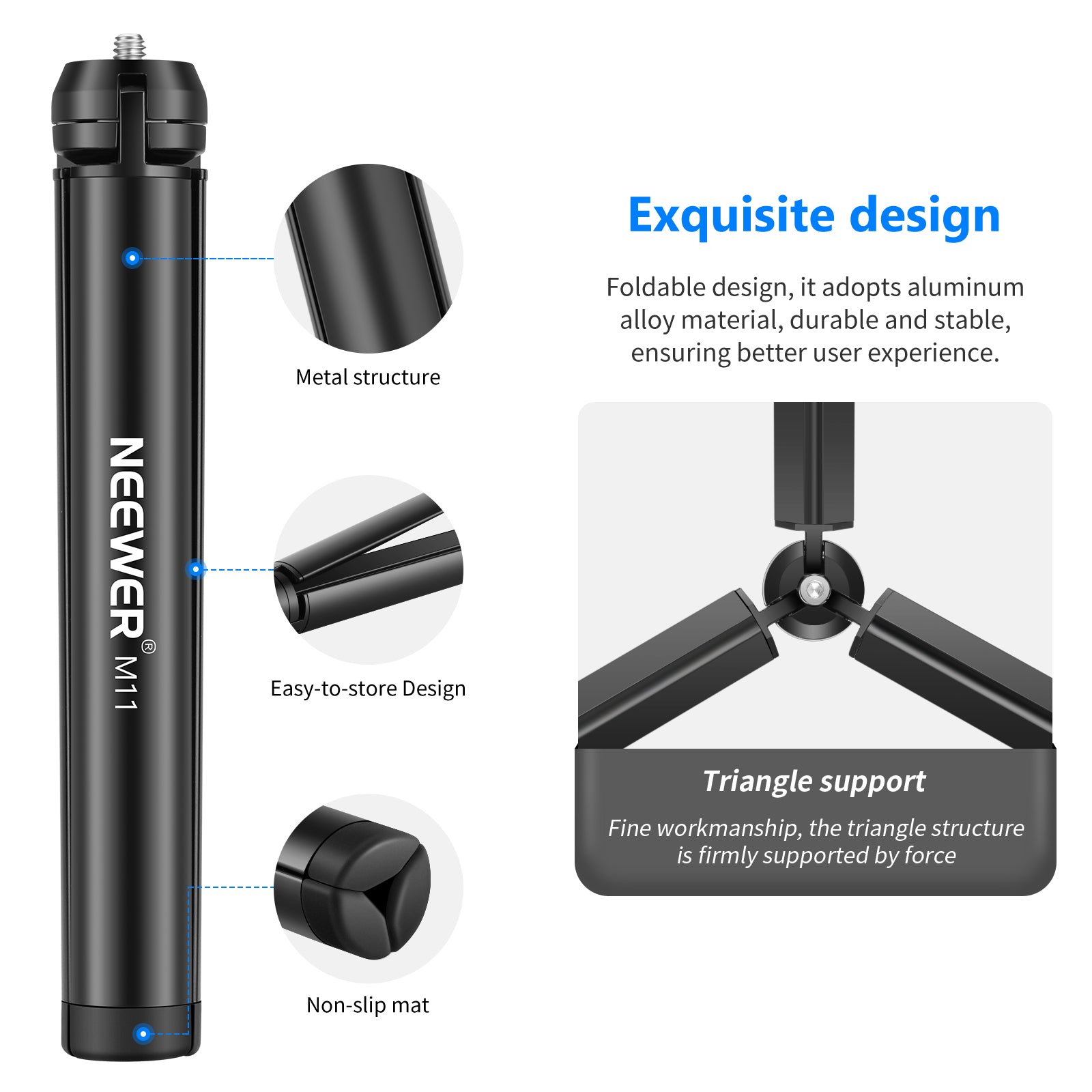 NEEWER M11 Compact Metal Mini Tripod Stand for DSLR Camera, Smartphone, Webcam - Perfect for Vlogging, Live Streaming, Photography & Travel