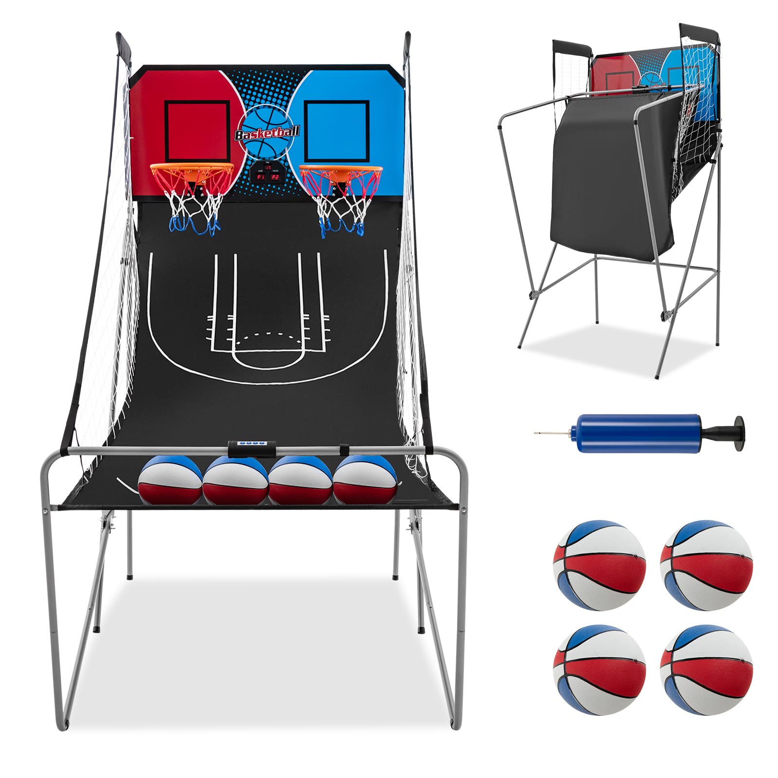 GYMAX Foldable Basketball Game - Double Shot Arcade with 8 Game Modes, Electronic Scoreboard, 4 Balls & Air Pump - Indoor/Outdoor Basketball Hoop for Kids & Adults - Perfect for Home, Backyard, Party & Gym Fun