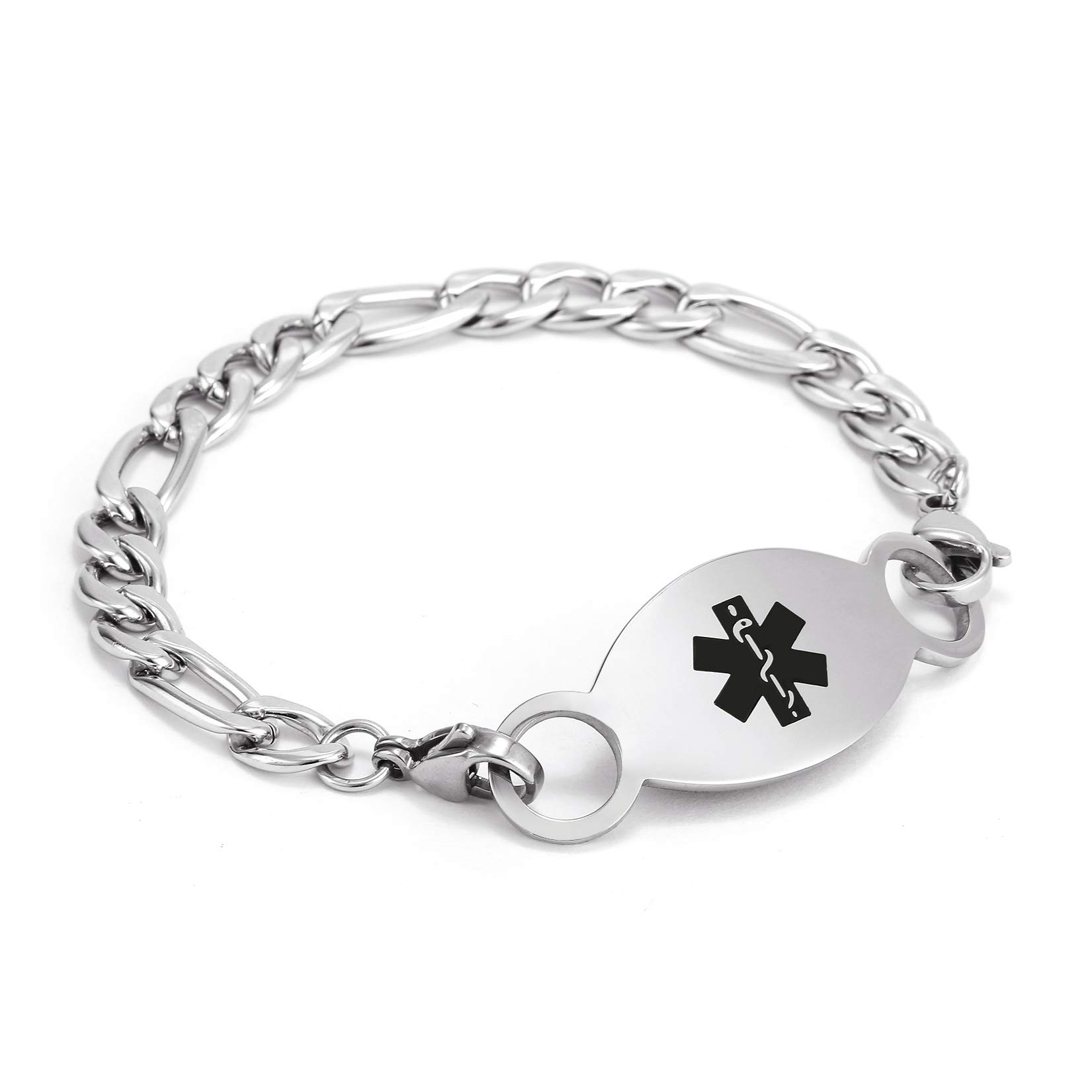 BBX Personalized Medical Alert ID Bracelet - Stainless Steel Figaro Chain for Men & Women - Waterproof & Engraved for Emergency Safety