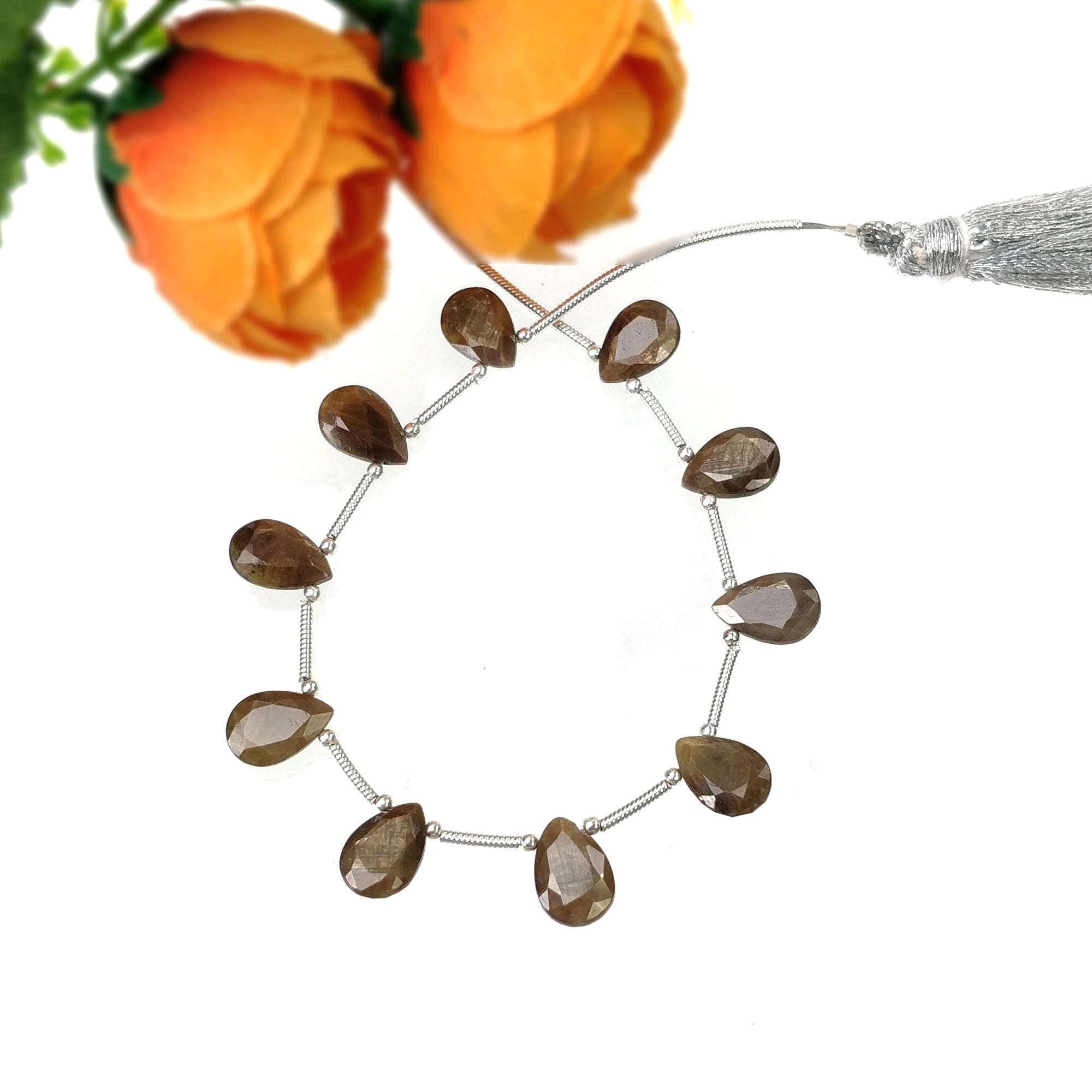 Natural Unheated Golden Brown Chocolate Sapphire Gemstone Loose Beads - 27.60cts Pear Shape Faceted Beads (10x7mm) for Jewelry Making, DIY Crafts & Beading Projects