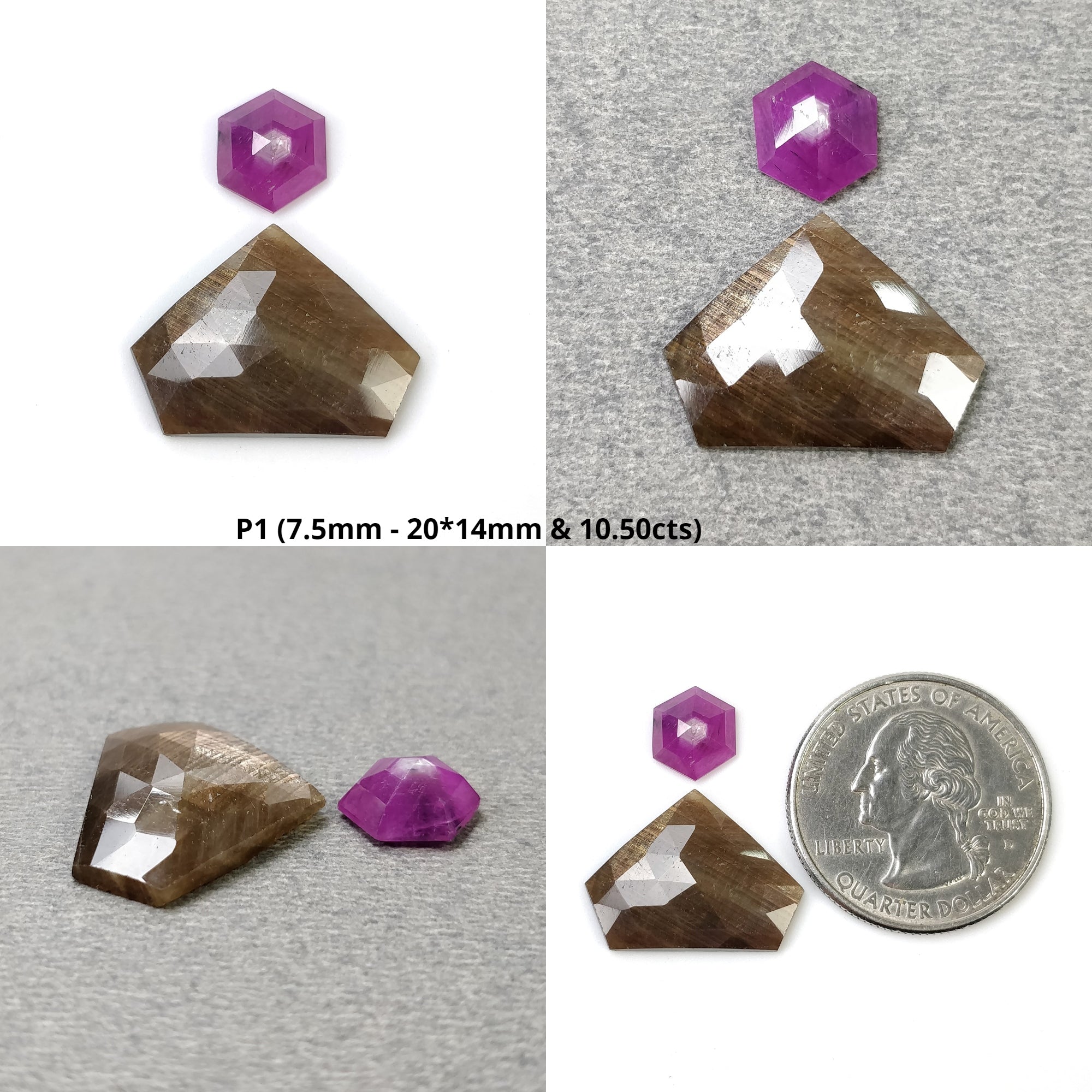 Natural Untreated Golden Brown Chocolate & Raspberry Sapphire Gemstone - Hexagon Rose & Step Cut (2pcs) for Jewelry Making, Engagement Rings & Unique Gifts