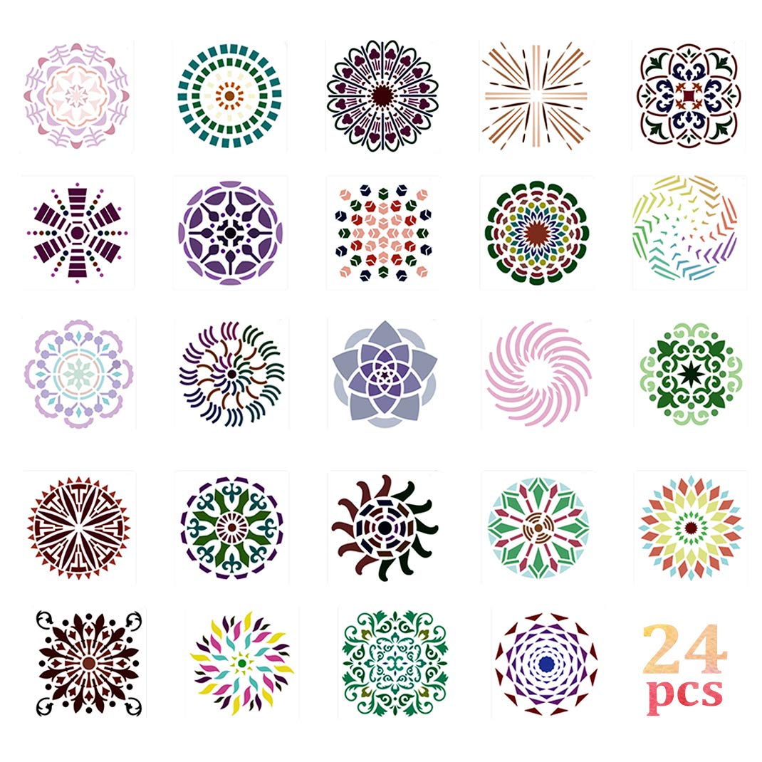 iSuperb 24 Pcs Mandala Dot Painting Stencils - Reusable DIY Drawing Templates for Floor, Wall, Tile & Fabric Art - Perfect for Scrapbooking, Home Decor & Craft Projects