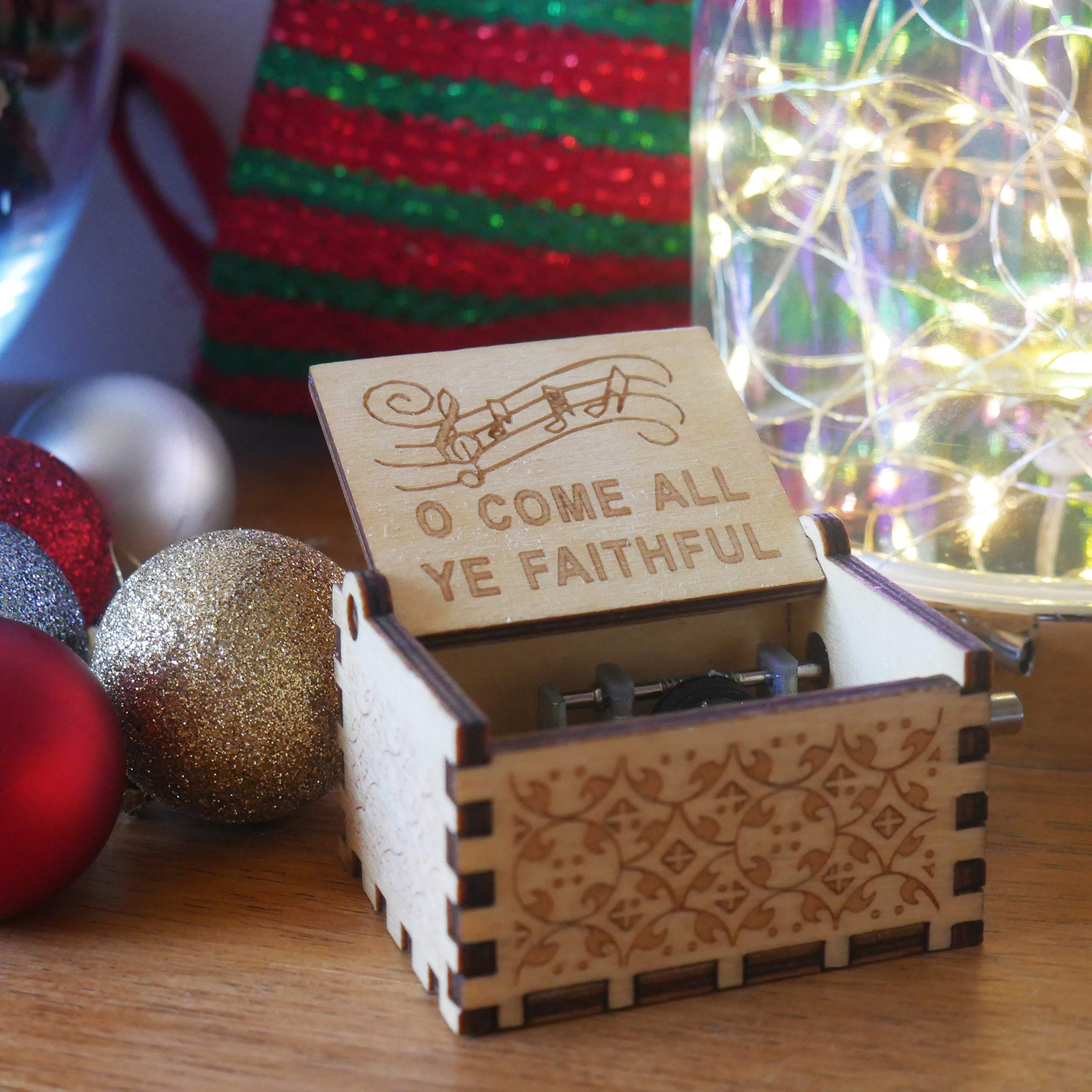 Small 'O Come All Ye Faithful' Wooden Music Box - Religious Christmas Gift for Christian Women, Men, Mom & Dad - Perfect for Easter, Birthday, Baptism & Holiday Celebrations - Handcrafted Keepsake for Home Decor & Spiritual Moments