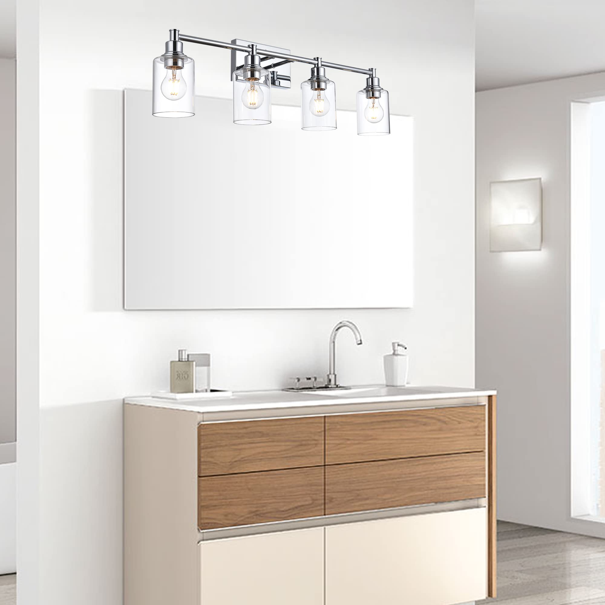 Modern Chrome Bathroom Vanity Lights - 4-Light Sconces with Clear Glass for Kitchen & Bathroom