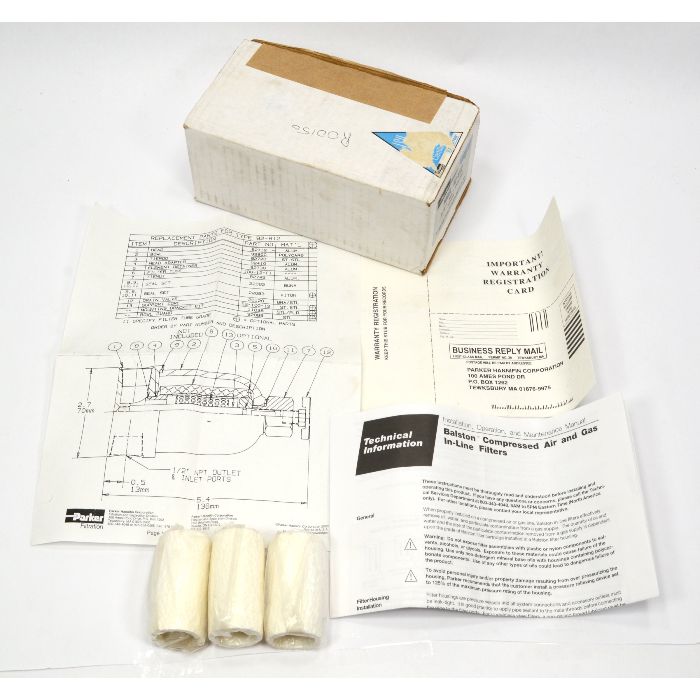 BALSTON Compressed Air & Gas In-Line Filters Model 92 812 with 1/2 NPT Ports - High Efficiency Filtration for Industrial Pneumatic Systems & Air Tools