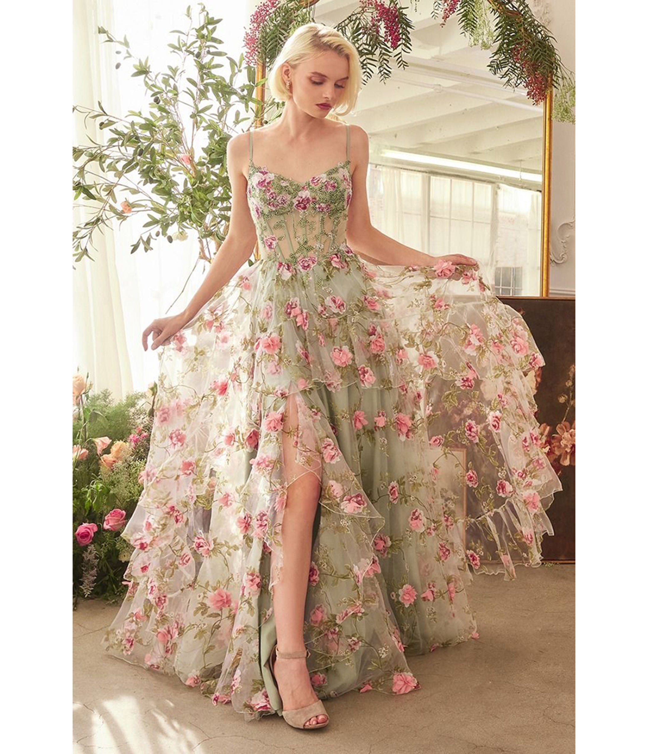 Ladivine by Cinderella Divine Sage Green Floral Print A-Line Prom Dress for Homecoming, Formal Dances & Special Occasions