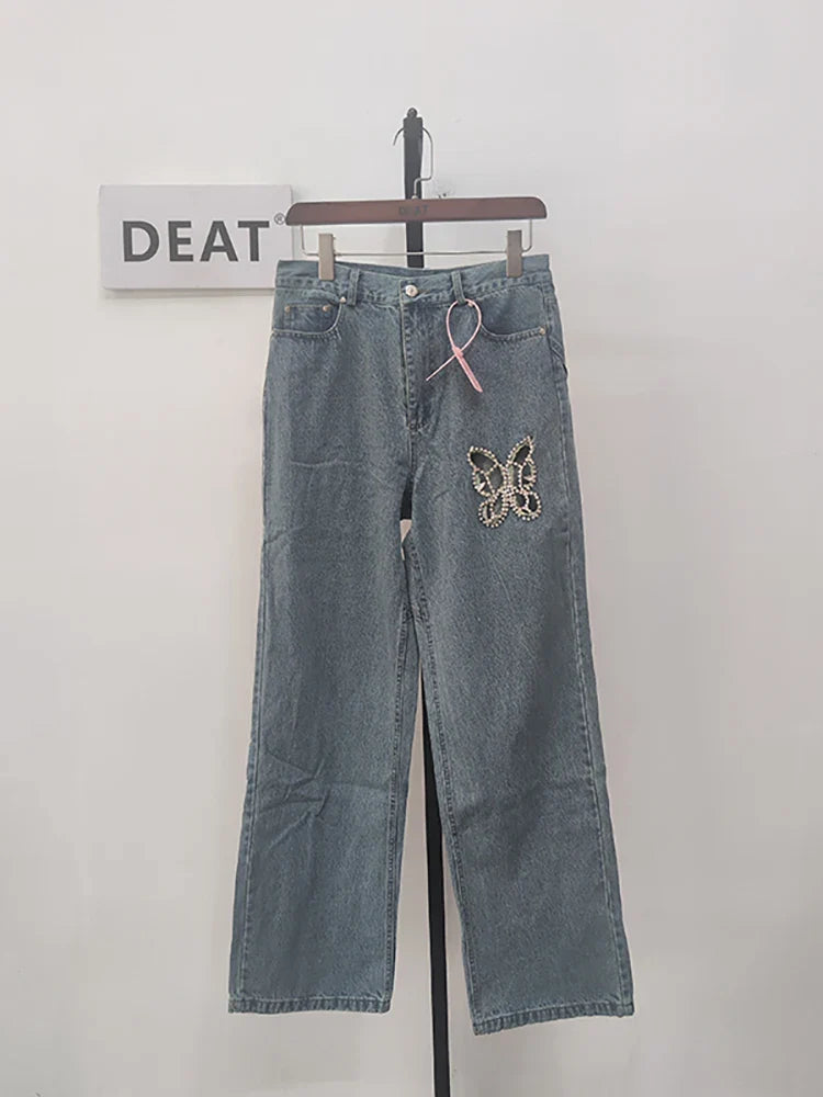 Women's Notched Collar Denim Jacket with Diamond Tassel & High Waist Butterfly Cutout Design - Trendy Summer Short Coat for Casual Outfits, Date Nights & Streetwear Fashion