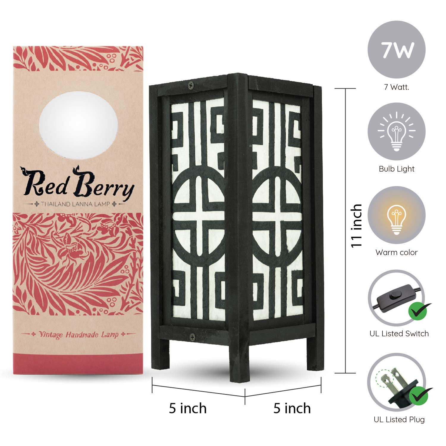 RED BERRY THAILAND LANNA LAMP - Handcrafted Asian Bedside Lamp for Bedroom, Nightstand, Desk & Living Room | Japanese & Chinese Inspired Design in Black & White | Perfect for Meditation Spaces, Zen Decor & Cultural Home Accents (FNWK)
