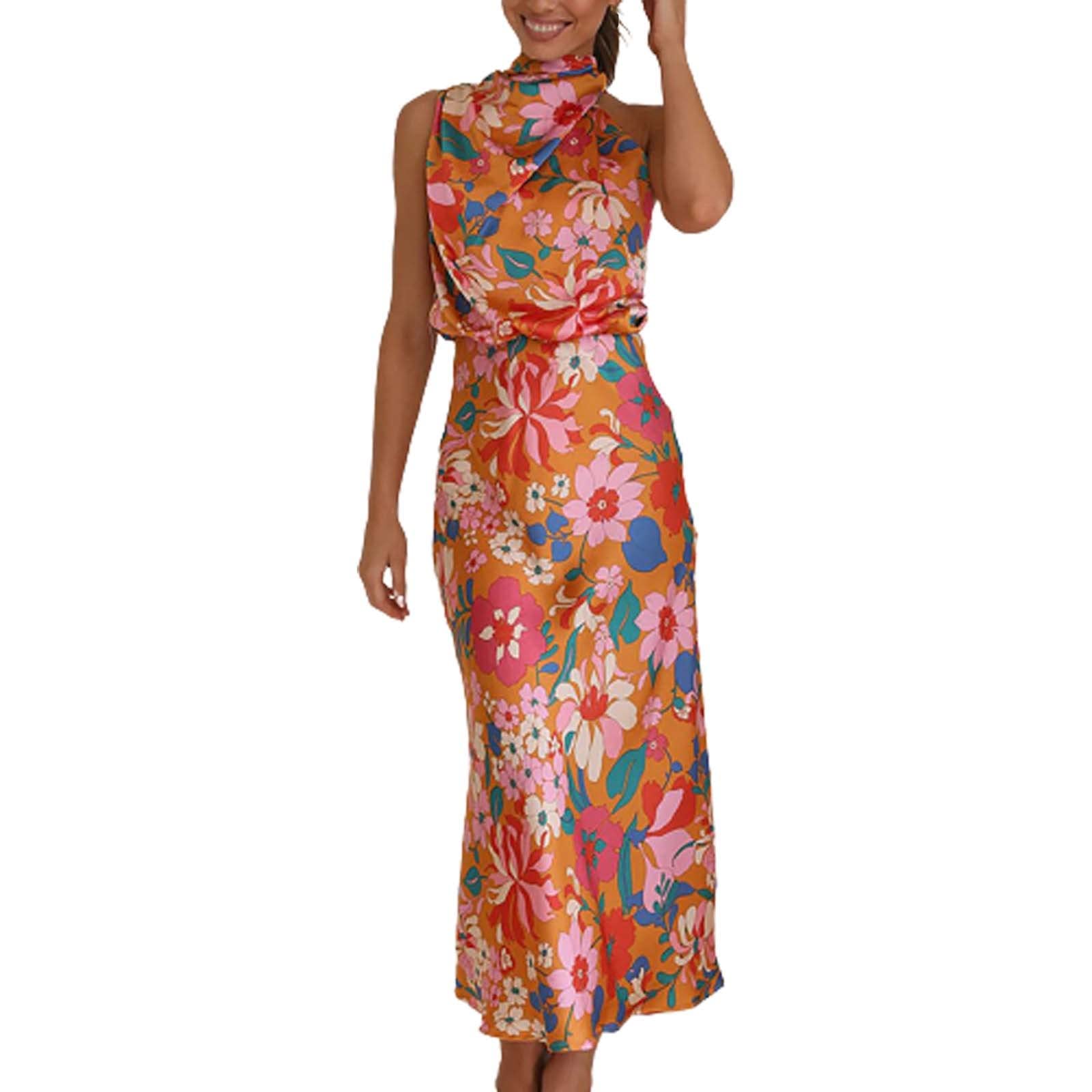 Women's Sleeveless Lace Floral Print Satin Dress - O-Neck Summer Cocktail Dress for Party, Wedding & Evening Occasions | Elegant Tunic Style Spring/Summer Leisure Wear