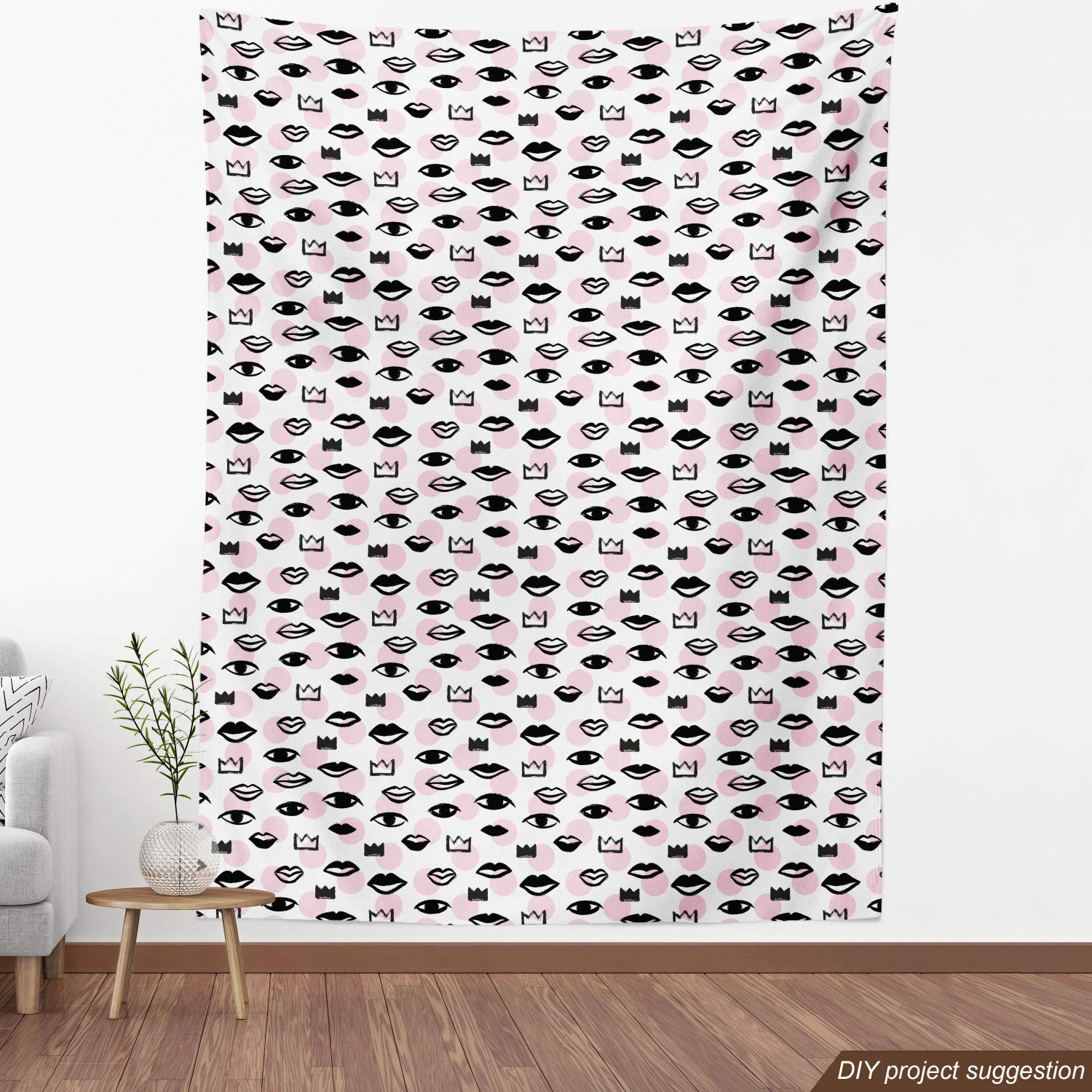 Ambesonne Love Fabric by The Yard - Handmade Brush Drawn Lips, Eyes & Crowns on Polka Dot Background - 10 Yards Rose Charcoal Grey Decorative Fabric for Upholstery, DIY Projects, Home Decor & Crafting - Perfect for Throw Pillows, Curtains & Table Runners