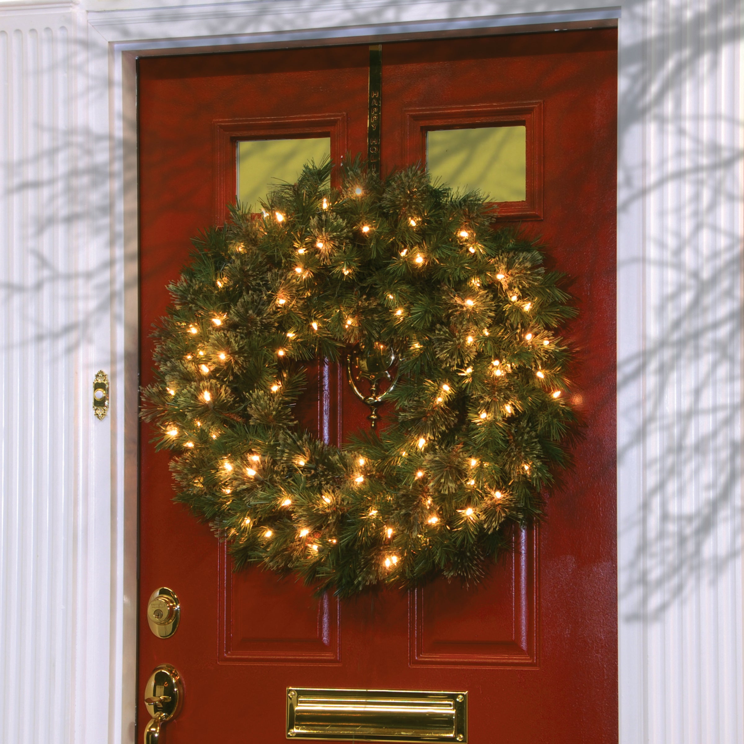 24 Inch Pre-Lit Atlanta Spruce Christmas Wreath with Clear LED Lights - Holiday Front Door Decor, Fireplace Mantel, Window Display for Festive Home Decoration
