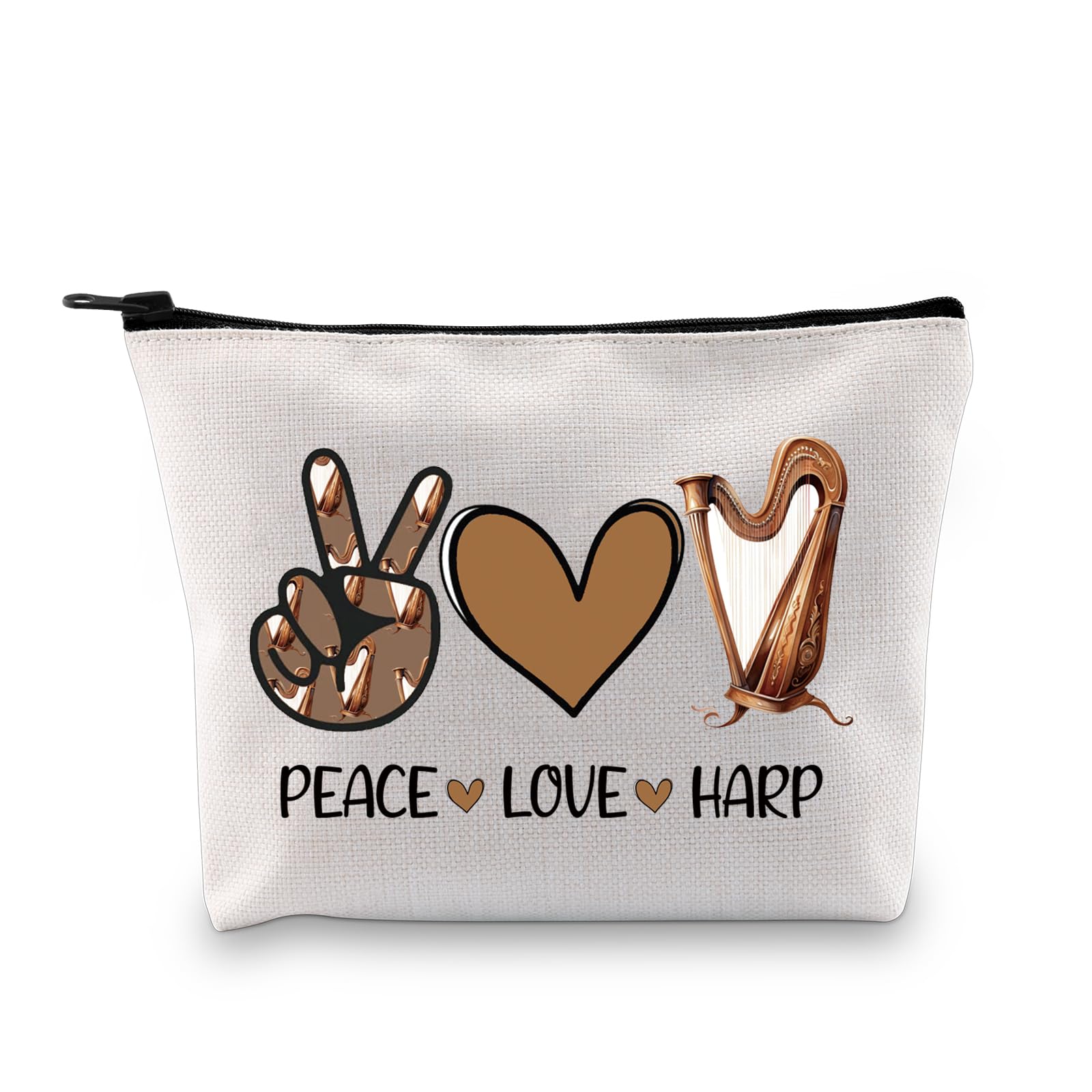 JXGZSO Harp-Themed Makeup Bag with Zipper - Perfect Musician Gift for Harp Lovers, Peace & Love Design Toiletry Pouch - Great for Travel, Cosmetics Storage & Music Festival Essentials