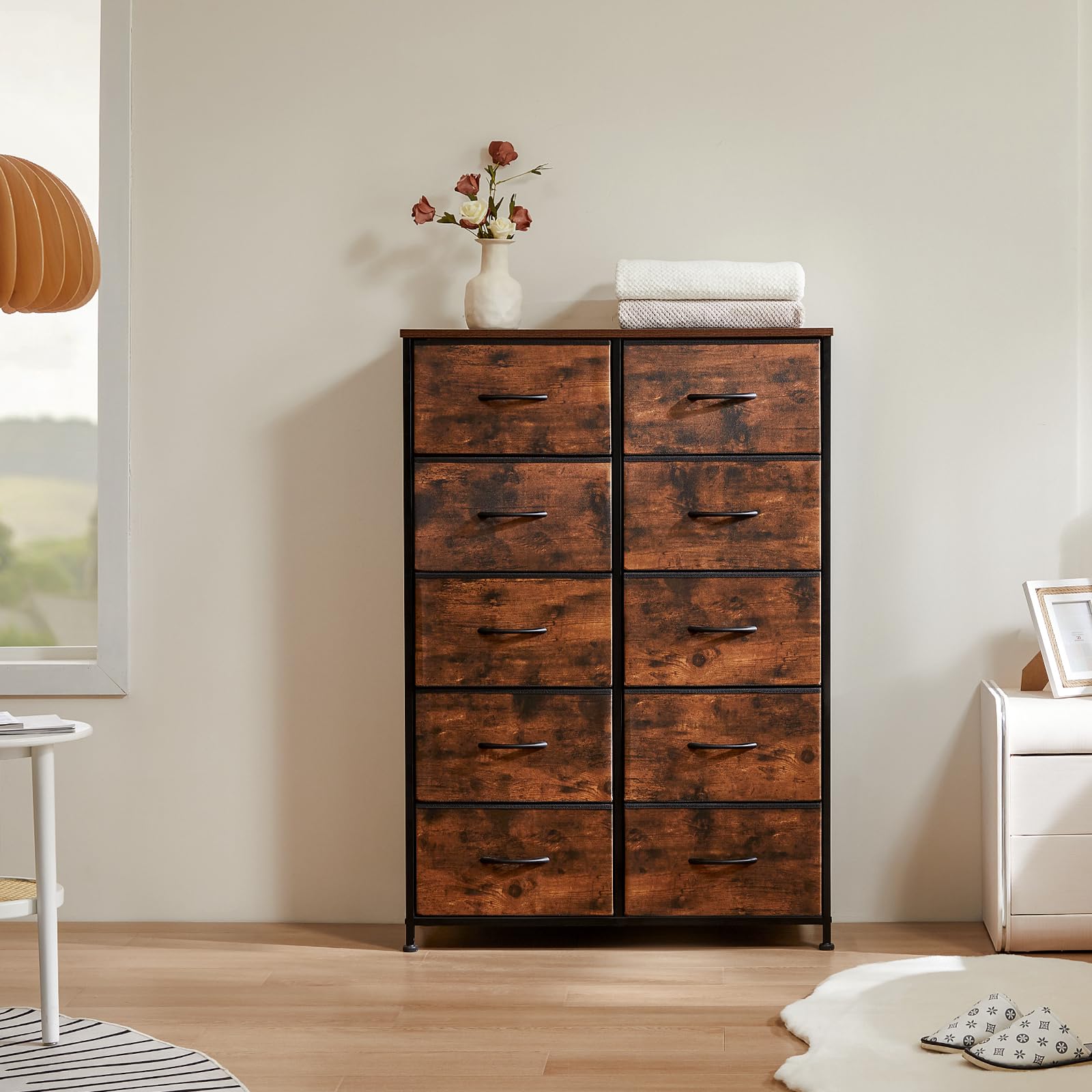 DUMOS 10-Drawer Dresser with Sturdy Metal Frame & Wood Tabletop - Grey & Brown Fabric Storage Tower for Bedroom, Kids Room, Closet, Nursery | Perfect for Organizing Clothes, Toys & Home Essentials