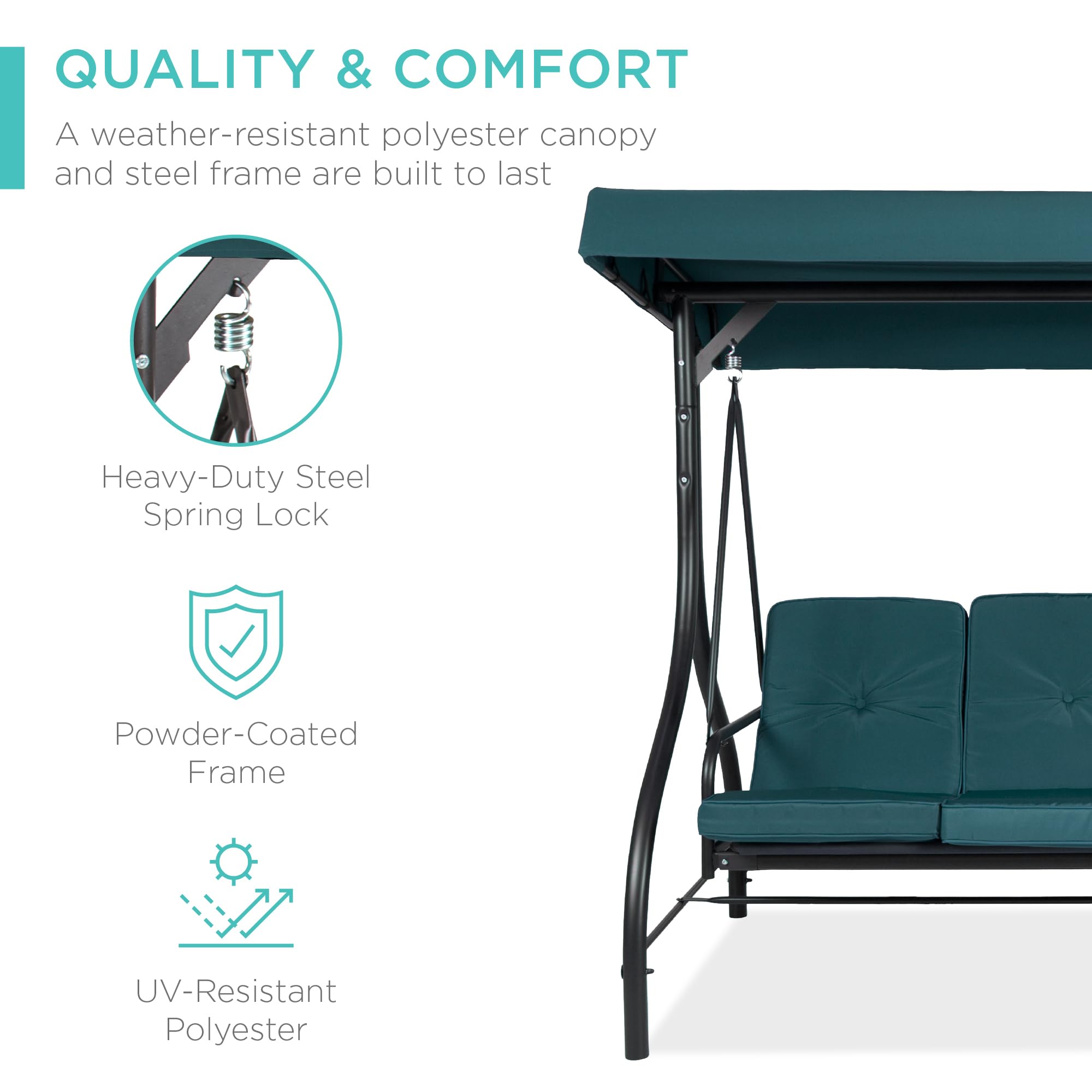 Best Choice Products 3-Seat Outdoor Canopy Swing Glider with Adjustable Shade & Removable Cushions - Patio Hammock Lounge Chair for Porch, Backyard, Garden - Peacock Blue - Perfect for Relaxing, Lounging & Outdoor Entertaining