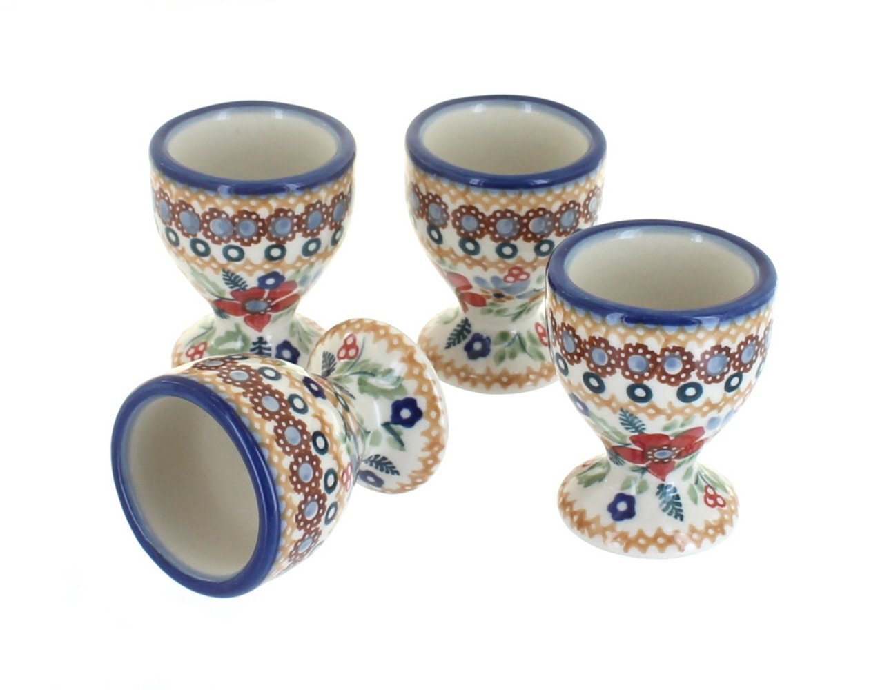 Blue Rose Polish Pottery Red Daisy Egg Cup Set - Handmade Ceramic Egg Holder for Breakfast, Easter Decor, and Kitchen Tableware