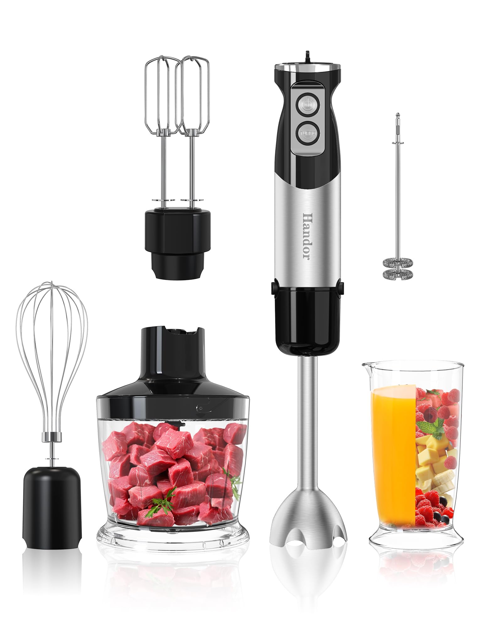 Handor 6-in-1 Immersion Blender Set - 1000W Powerful Handheld Blender with 12 Speed Settings, 600ml Mixing Cup, 500ml Food Chopper, Egg Whisk & Milk Frother - Stainless Steel Blades for Soup, Smoothie, Baby Food - Perfect for Kitchen, Cooking & Meal Prep