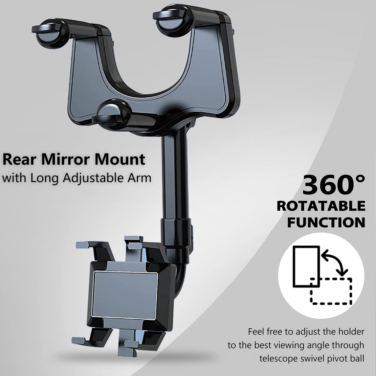 PKYAA 360° Rotating Car Phone Holder for Rearview Mirror - Adjustable Arm Length, Universal Mount Compatible with All Smartphones & GPS Devices - Perfect for Hands-Free Navigation, Rideshare Driving & Road Trips
