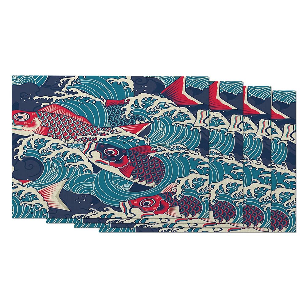 Vibrant Japanese Koi Fish Placemats Set of 4 - 12x18 Inch Cotton Linen Table Mats for Dining, Asian Cultural Home Decor | Perfect for Sushi Nights, Tea Parties & Japanese-Themed Dining