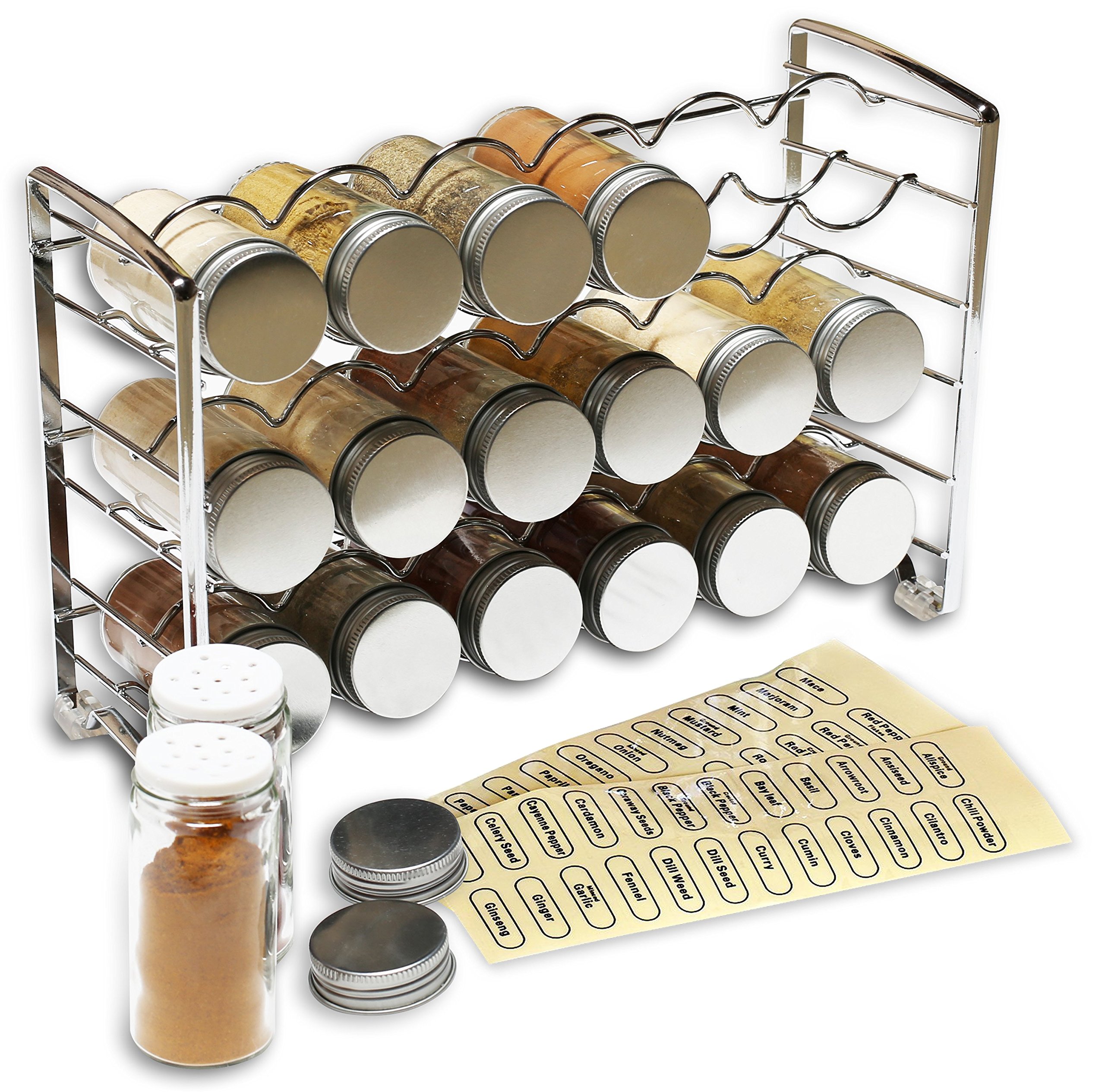 Deco Brothers 18-Bottle Spice Rack Stand with 48 Labels - Chrome Metal Spice Organizer for Kitchen Countertop, Pantry & Cabinet Storage
