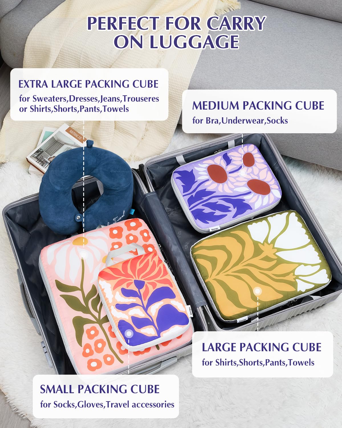Gonex 4-Piece Compression Packing Cubes Set - Expandable Travel Luggage Organizers for Suitcase & Carry On (Floral Design) | Perfect for Business Trips, Vacation Packing & Closet Organization