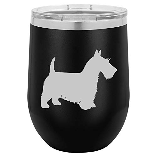 12 oz Double Wall Vacuum Insulated Stainless Steel Stemless Wine Tumbler - Leakproof Travel Mug for Coffee, Tea & Hot/Cold Drinks - Cute Scottie Scottish Terrier Design (Black) - Perfect for Office, Commuting, Camping & Outdoor Activities