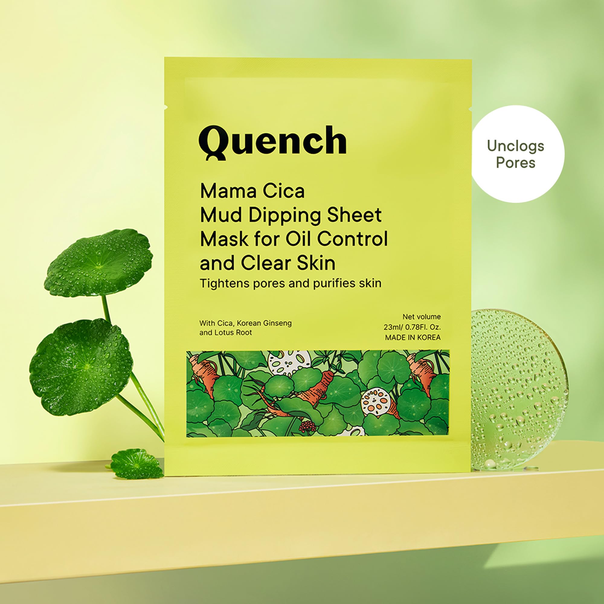 Quench Mud Sheet Mask with Cica Herb Repair | Korean Clay Face Mask for Oily & Acne-Prone Skin | Pore Tightening & Oil Control | Deep Cleansing & Skin Repair | Made in Korea (Pack of 1, 23ml) | Perfect for Spa Night & Post-Workout Skin Care