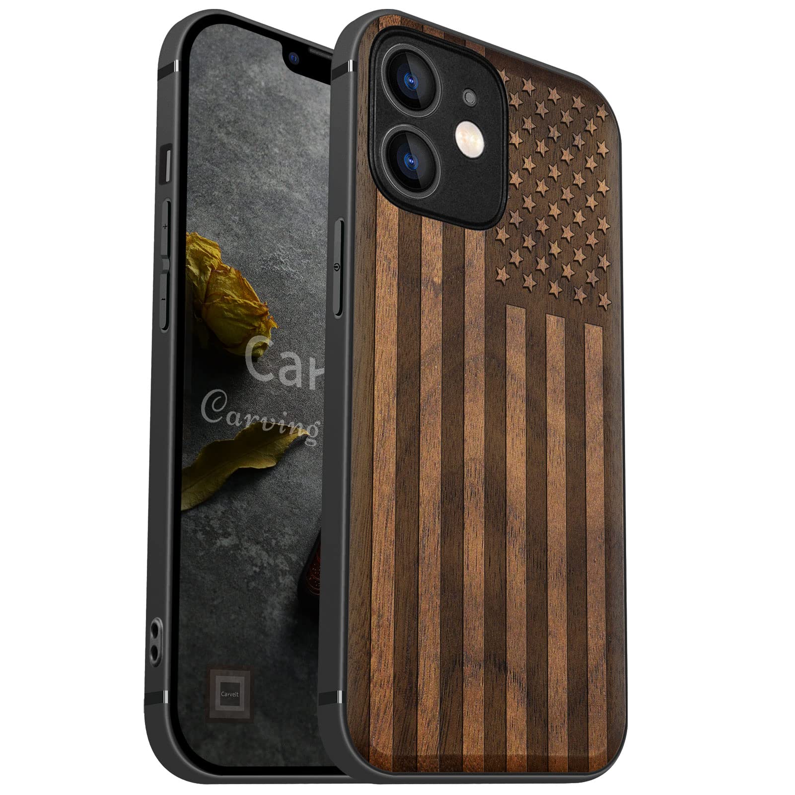 Carveit Magnetic Wood Case for iPhone 12 Mini - Natural Walnut Wood & Black TPU Shockproof Protective Cover with Magsafe Compatibility | American Flag Design - Perfect for Outdoor Adventures & Business Meetings