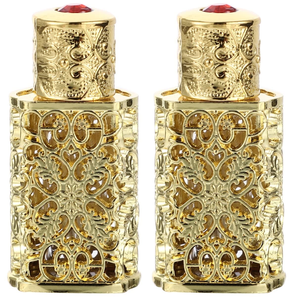 FRCOLOR Vintage Glass Terrarium with Hollow Metal Stand - 2 Pack Empty Essential Oil Dispenser Bottles, Perfume Bottles & Travel Lotion Containers with Gold Decor | Perfect for Home Decor, Aromatherapy, DIY Projects & Gift Giving