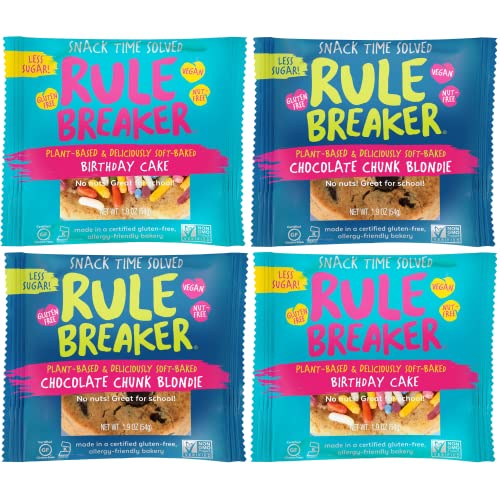 Rule Breaker Snacks Vegan Gluten-Free Variety Pack | Plant-Based Blondie Brownie Cookies | Dairy Free, Nut Free, Soy Free, Allergen Free, Kosher Certified | Soft-Baked Healthy Snacks for Kids & Adults | Perfect for Lunchboxes, Office Snacks & After-School Treats (Pack of 4)
