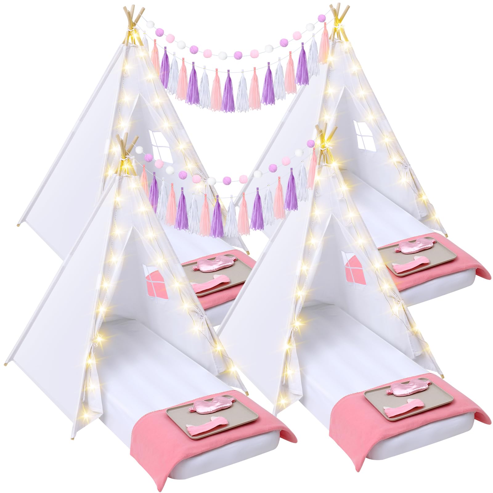 Windyun 4 Pack Kids Teepee Tent Kit with LED Lights, Inflatable Airbed & Fitted Sheet - Washable Play Tent for Boys & Girls, Indoor Outdoor Birthday Gift for Toddlers - Perfect for Slumber Parties, Camping Adventures & Playroom Decor