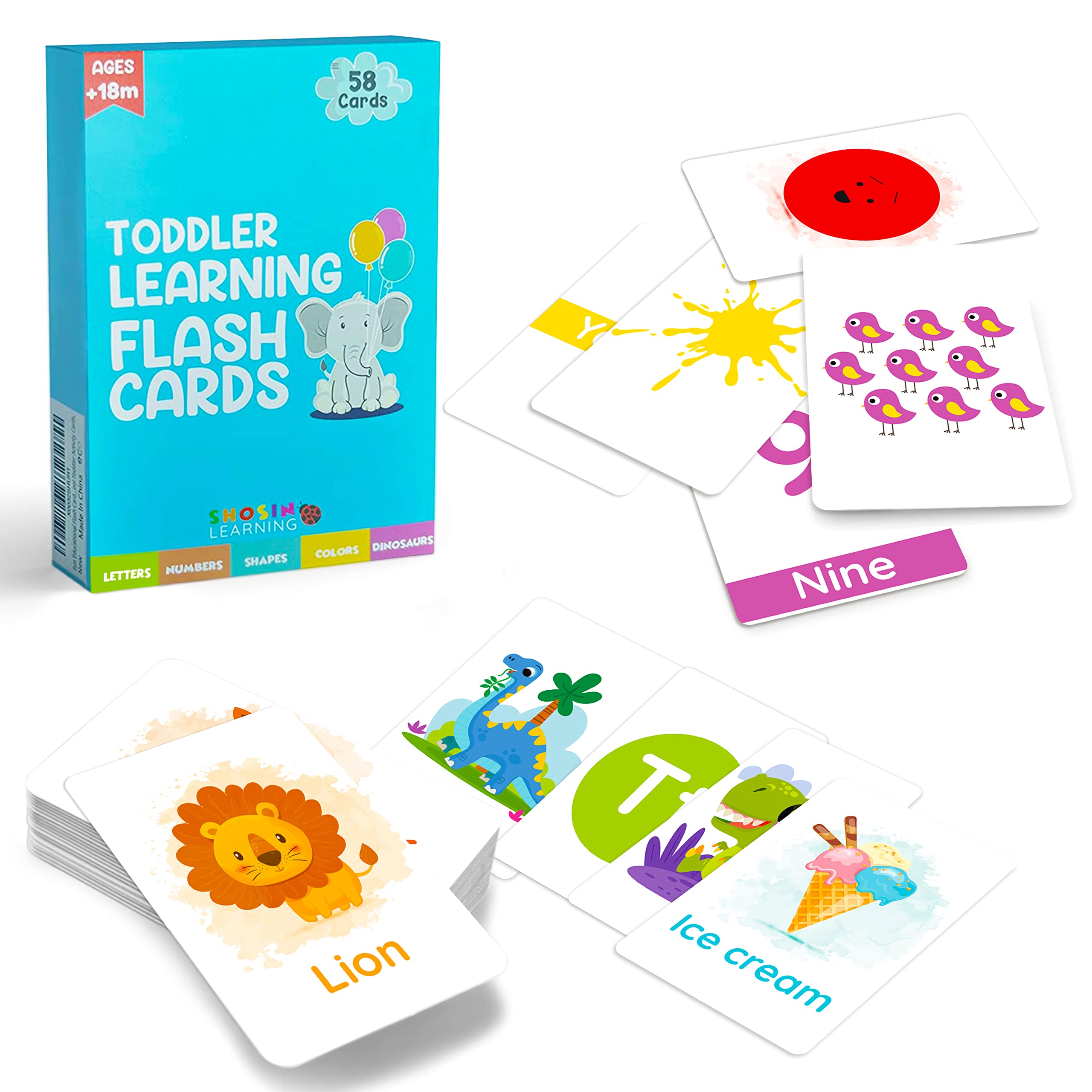 Shosin Large Alphabet Flash Cards for Toddlers 2-4 Years | 58 Double Sided Picture Cards for Preschool Learning Activities | Perfect for Early Childhood Education & Homeschooling