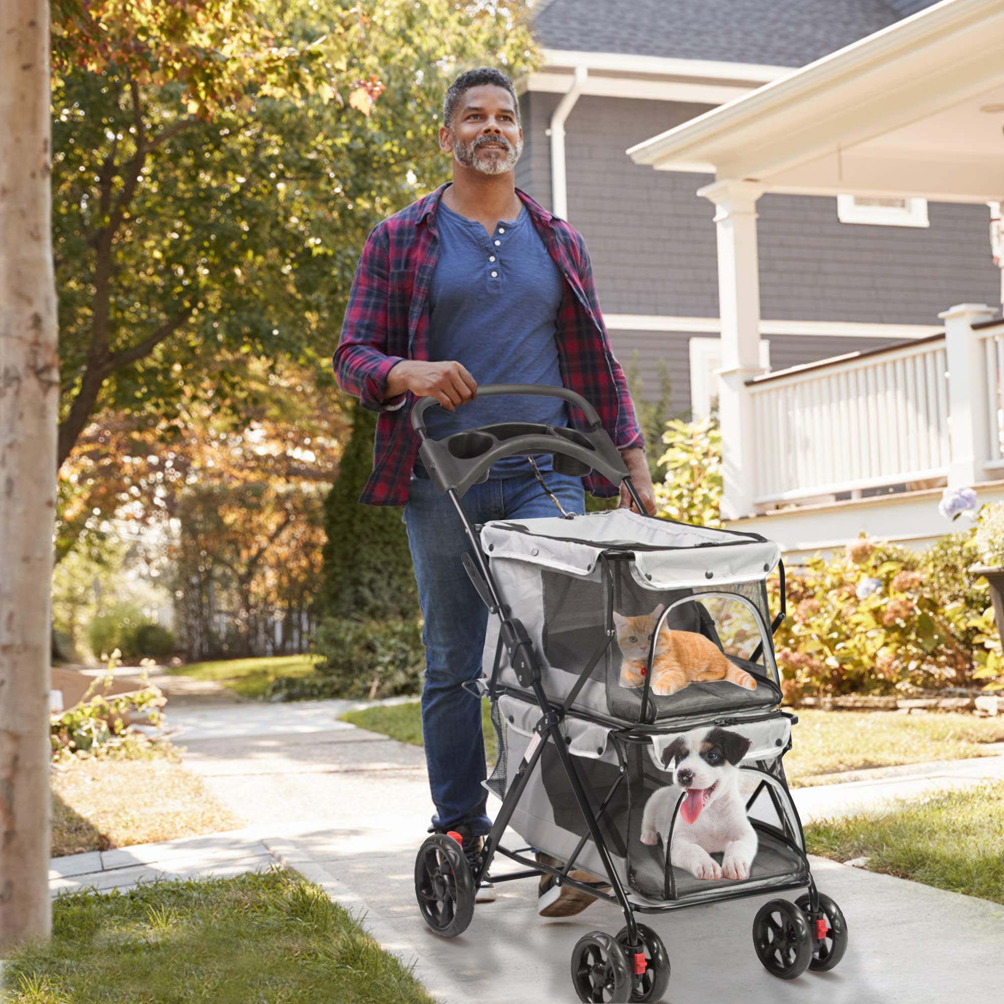 LUCKYERMORE Double Pet Stroller for 2 Cats & Dogs - 4-Wheel Foldable Cat & Dog Carrier with Cup Holders, Mesh Windows & Soft Pad - Ideal for Small to Medium Pets - Perfect for Park Walks, Vet Visits & Shopping Trips (Gray)