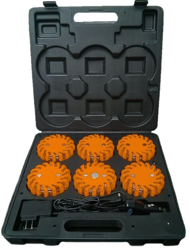 RPF16LLM6 6-Pack Rechargeable 16 LED Magnetic Emergency Flares - 9 Functions Amber Roadside Safety Lights for Cars, Trucks & Camping | Perfect for Nighttime Breakdowns, Camping & Hazard Signaling
