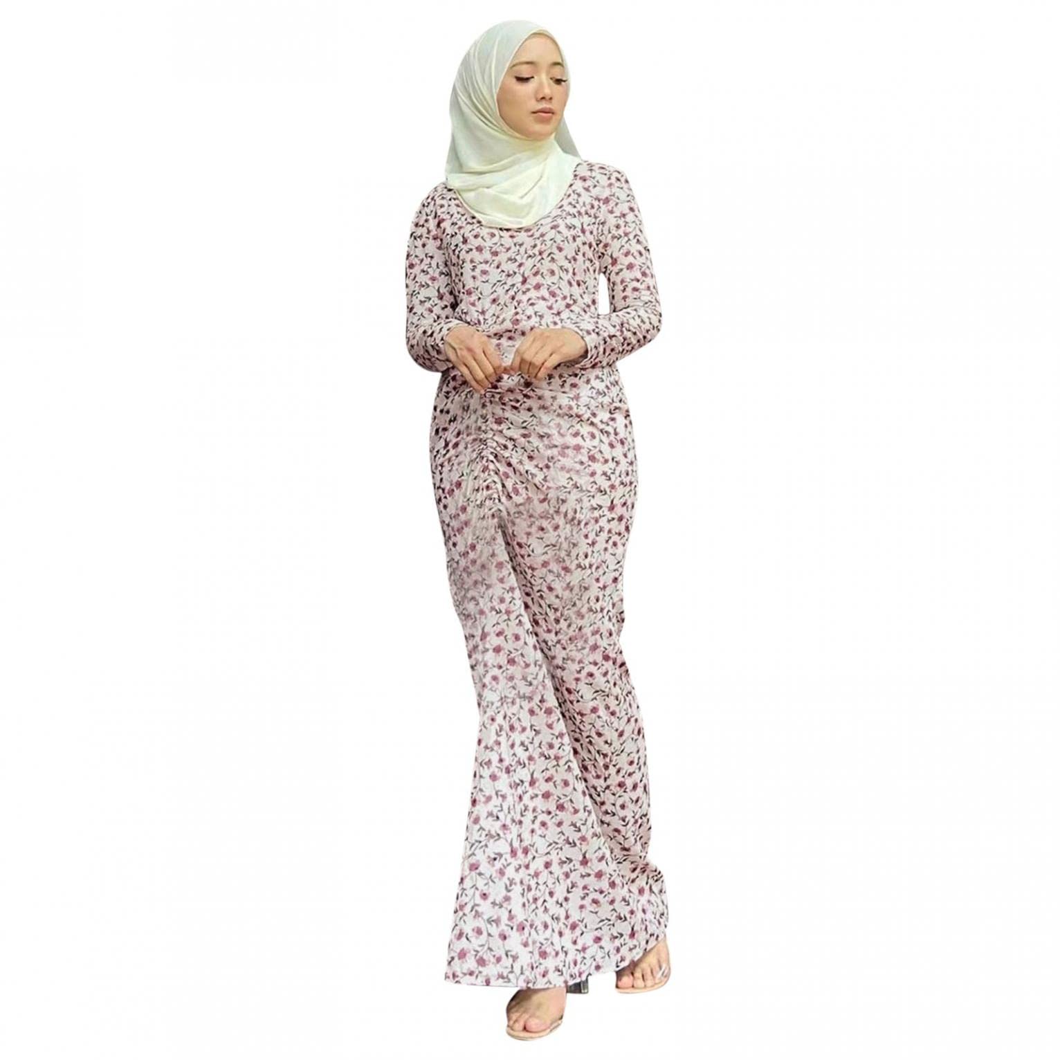 Elegant Muslim Abaya Kaftan Dress for Women - Floral Printed Long Maxi Prayer Gown with O-Neck Design | Perfect for Dubai Prayer, Islamic Events & Modest Fashion Wear