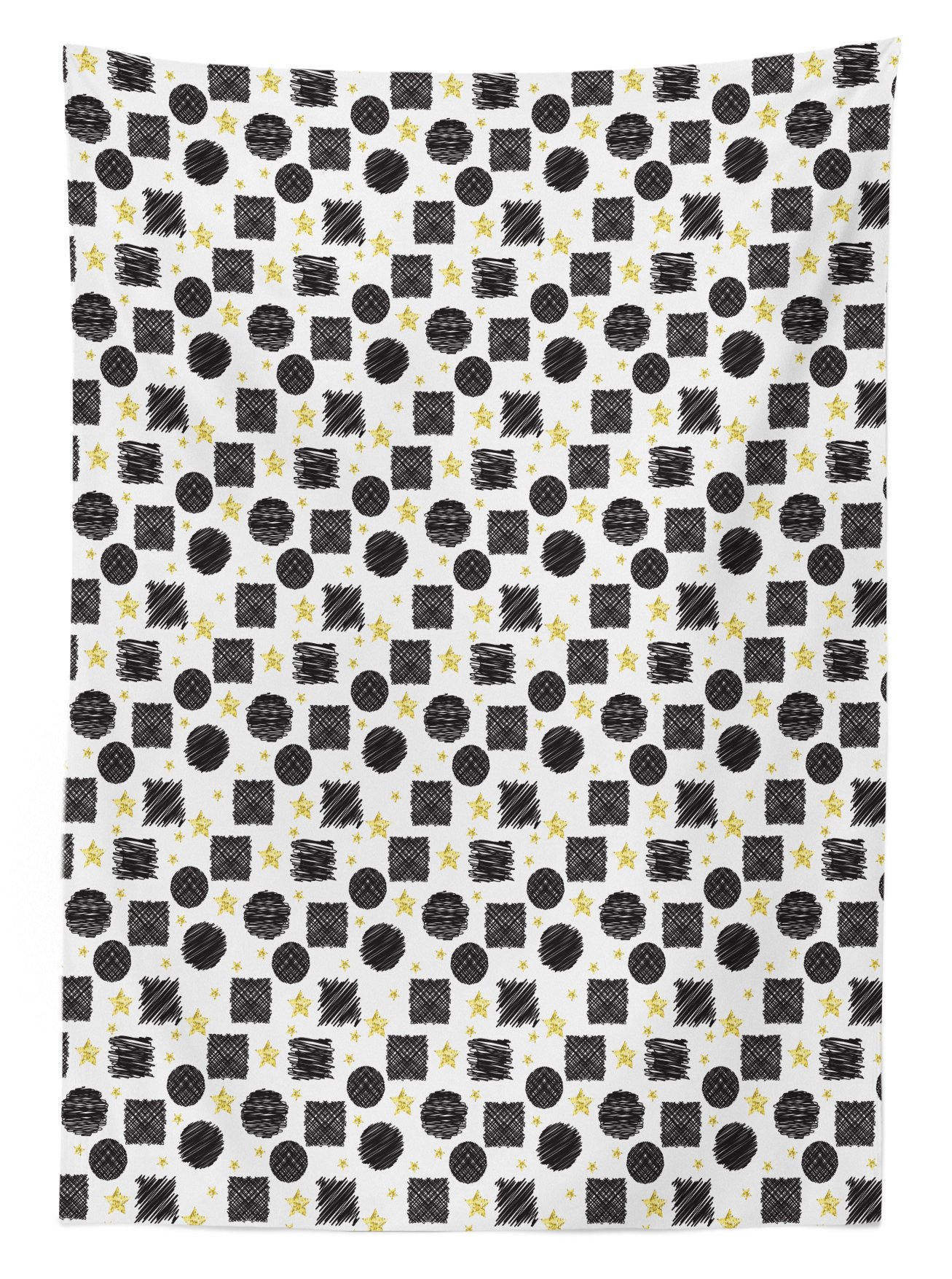 Ambesonne Black and Yellow Geometric Doodle Outdoor Tablecloth - Scribble Art Design with Circles, Squares & Stars - Washable Picnic Table Cover 58x104 Inches - Perfect for BBQs, Garden Parties & Outdoor Dining (Black/Yellow/White)