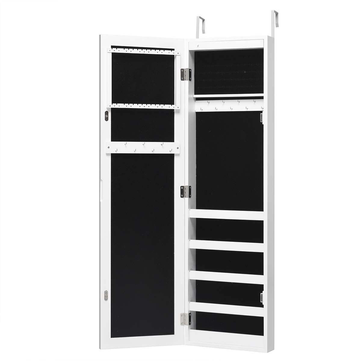 Giantex 12 LED Jewelry Armoire with Full-Length Mirror - Wall Mounted Jewelry Cabinet Organizer with Ring Slots, Earring Holders, Necklace Hooks & 5 Storage Shelves - Large Capacity Jewelry Storage for Bedroom, Closet, Dressing Room & Vanity Organization