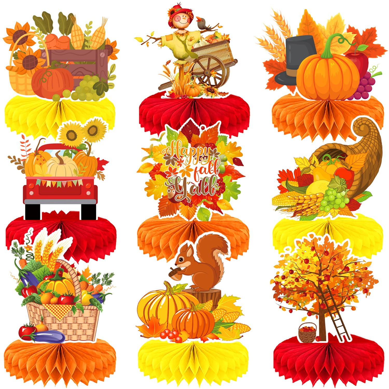 9Pcs Fall Table Centerpiece Decor Set - Thanksgiving Turkey & Pumpkin Honeycomb Decorations for Autumn Parties, Birthday, and Holiday Table Decor - Perfect for Thanksgiving Dinner, Harvest Festival, and Seasonal Home Decor