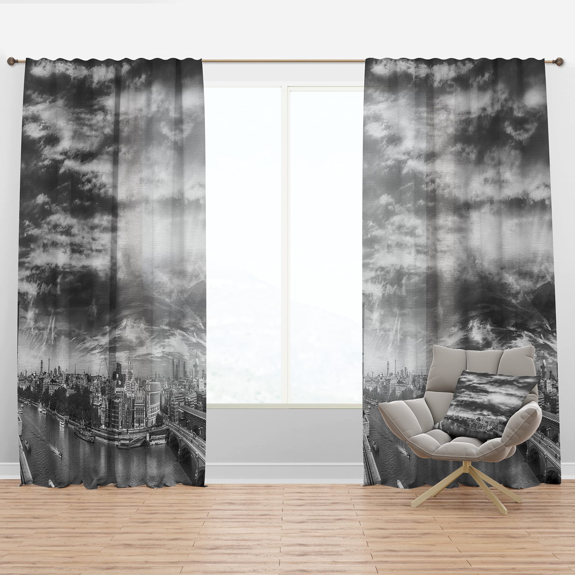 DesignQ Black & White Panoramic London Thermal Insulated Curtains - 52x90 Single Panel for Bedroom & Living Room - Perfect for Home Decor & Light Blocking