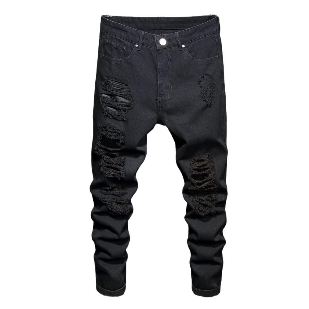 Kiioouu Men's Black Distressed Denim Jeans - Ripped Long Hole Slim Fit Stretch Skinny Jeans for Casual Wear & Street Style