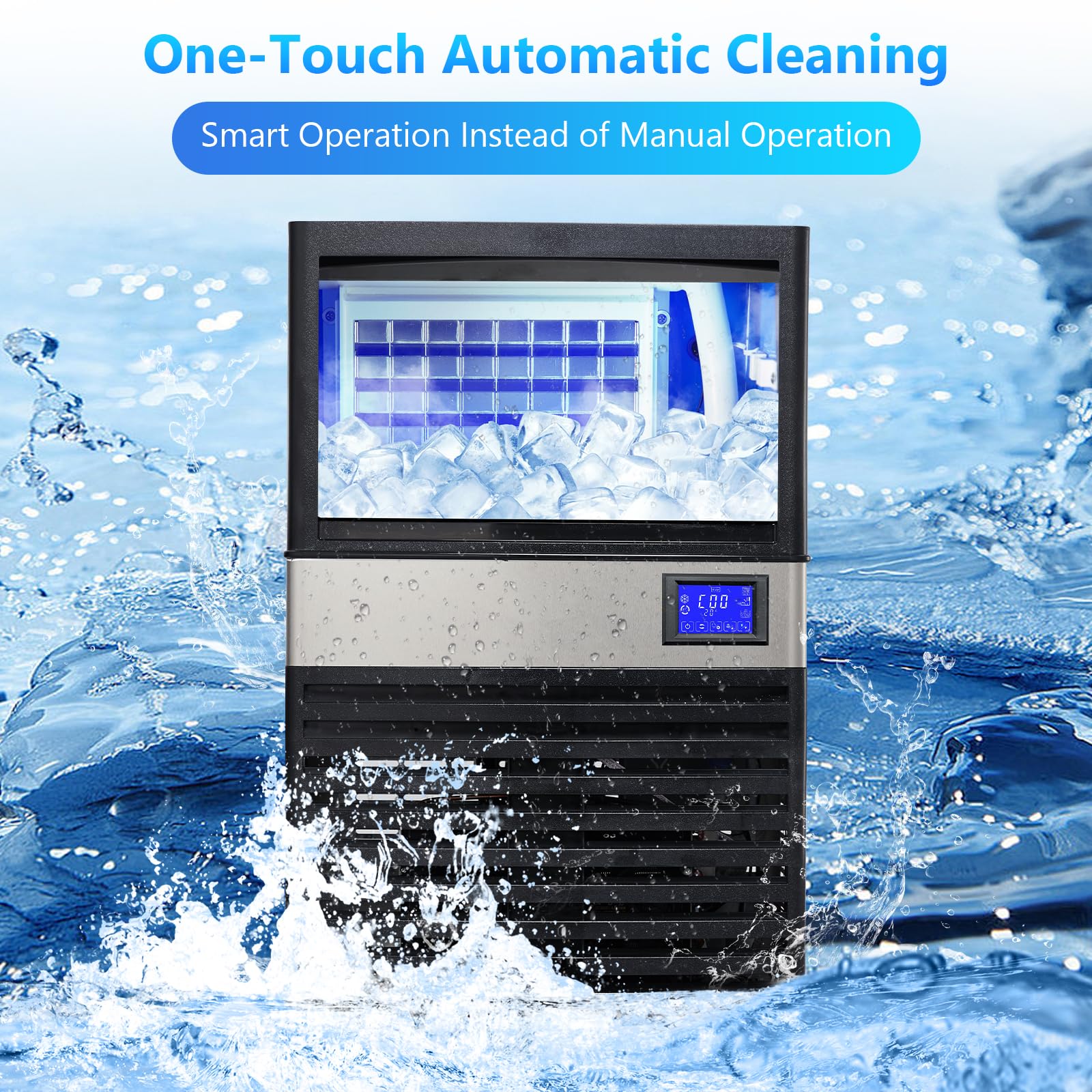Pioneerworks Commercial Ice Maker Machine 110lbs/24H, Under Counter Self-Cleaning Ice Machine with 27lbs Storage Bin, LCD Display & Blue Light - Stainless Steel Ice Maker for Restaurants, Bars, Coffee Shops & Home Use - Perfect for Beverage Service, Parties & Commercial Kitchens